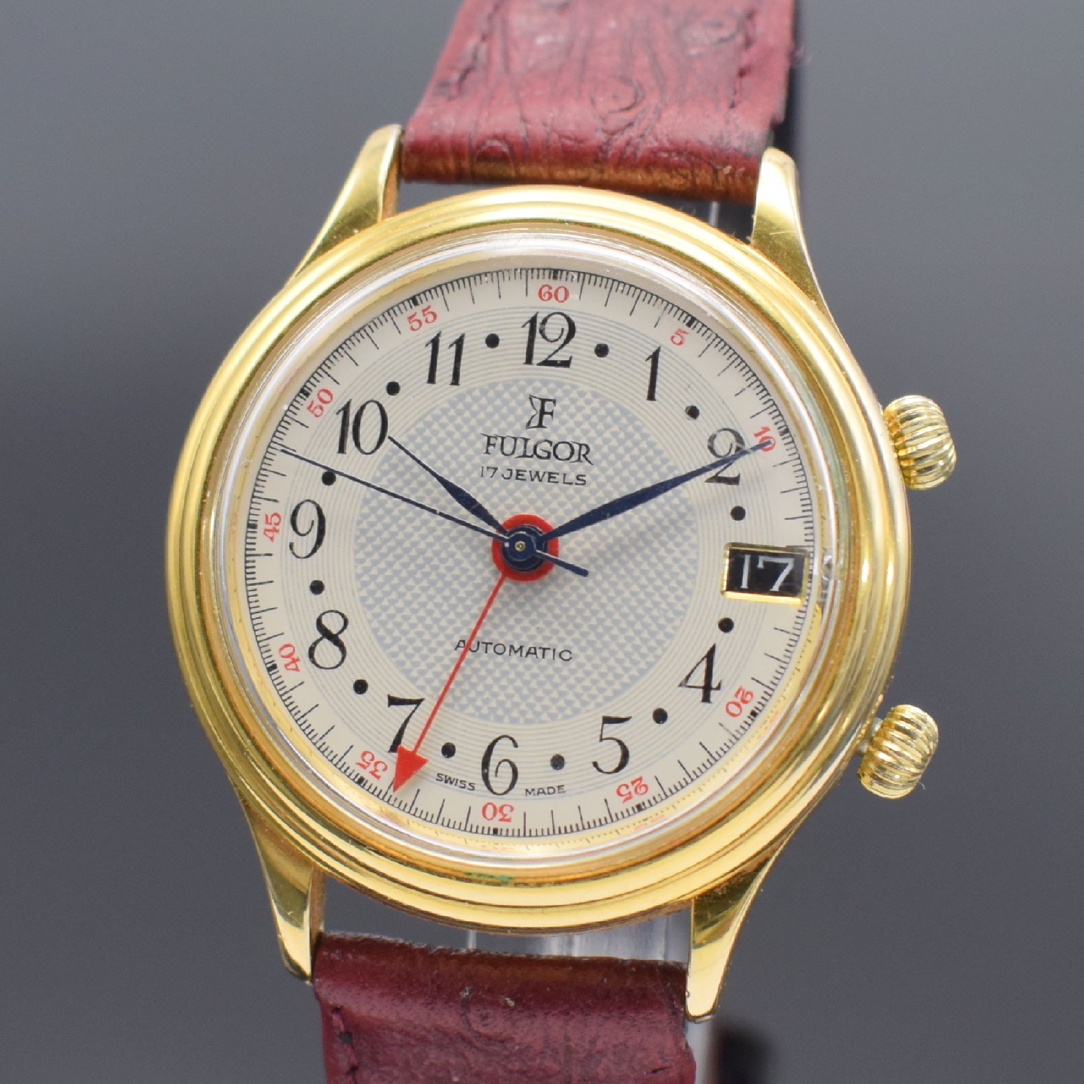 Detail a: FULGOR Armbandwecker mit Kaliber AS 5008, Schweiz um 1985, Automatik, verg. Gehäuse, Stahlboden aufgedr., silb. Zifferbl. m. arab. Zahlen, Datum, ...