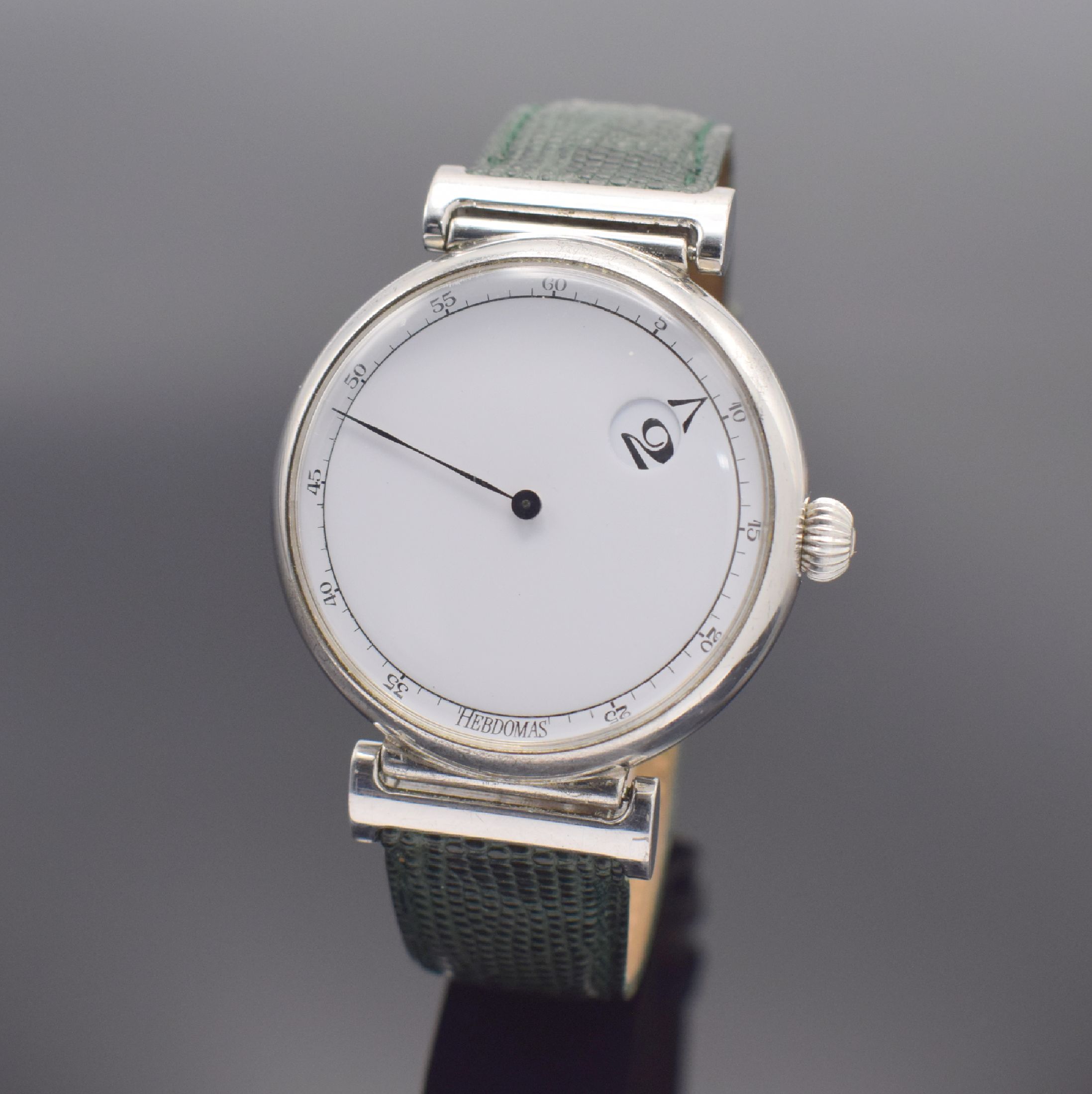 HEBDOMAS Herrenarmbanduhr mit springender Stunde & 8 Tagewerk in 925er Silber, Schweiz um 1990, Automatik, Ref. 3301, beids. vergl. Geh. teils ...