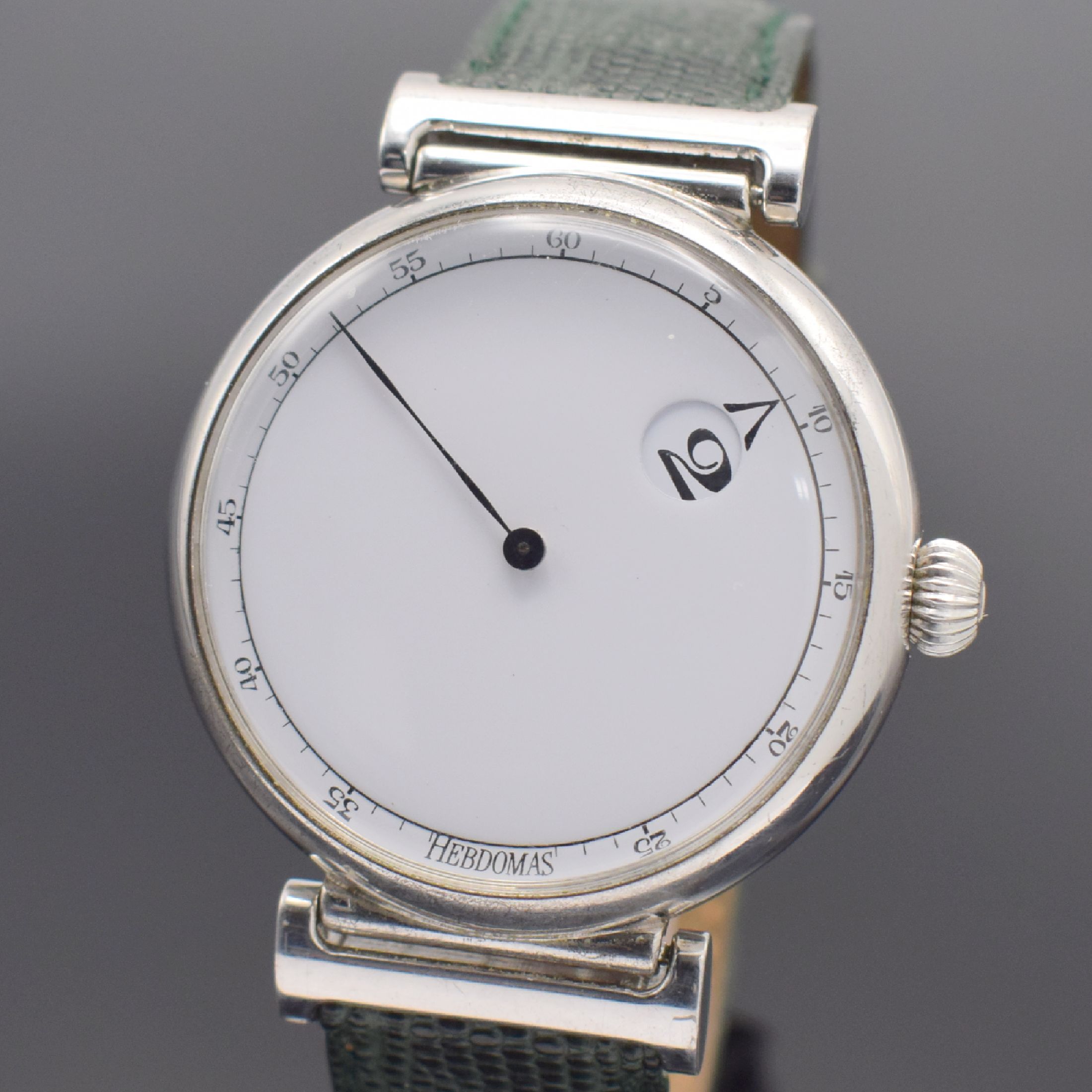 Detail a: HEBDOMAS Herrenarmbanduhr mit springender Stunde & 8 Tagewerk in 925er Silber, Schweiz um 1990, Automatik, Ref. 3301, beids. vergl. Geh. teils ...