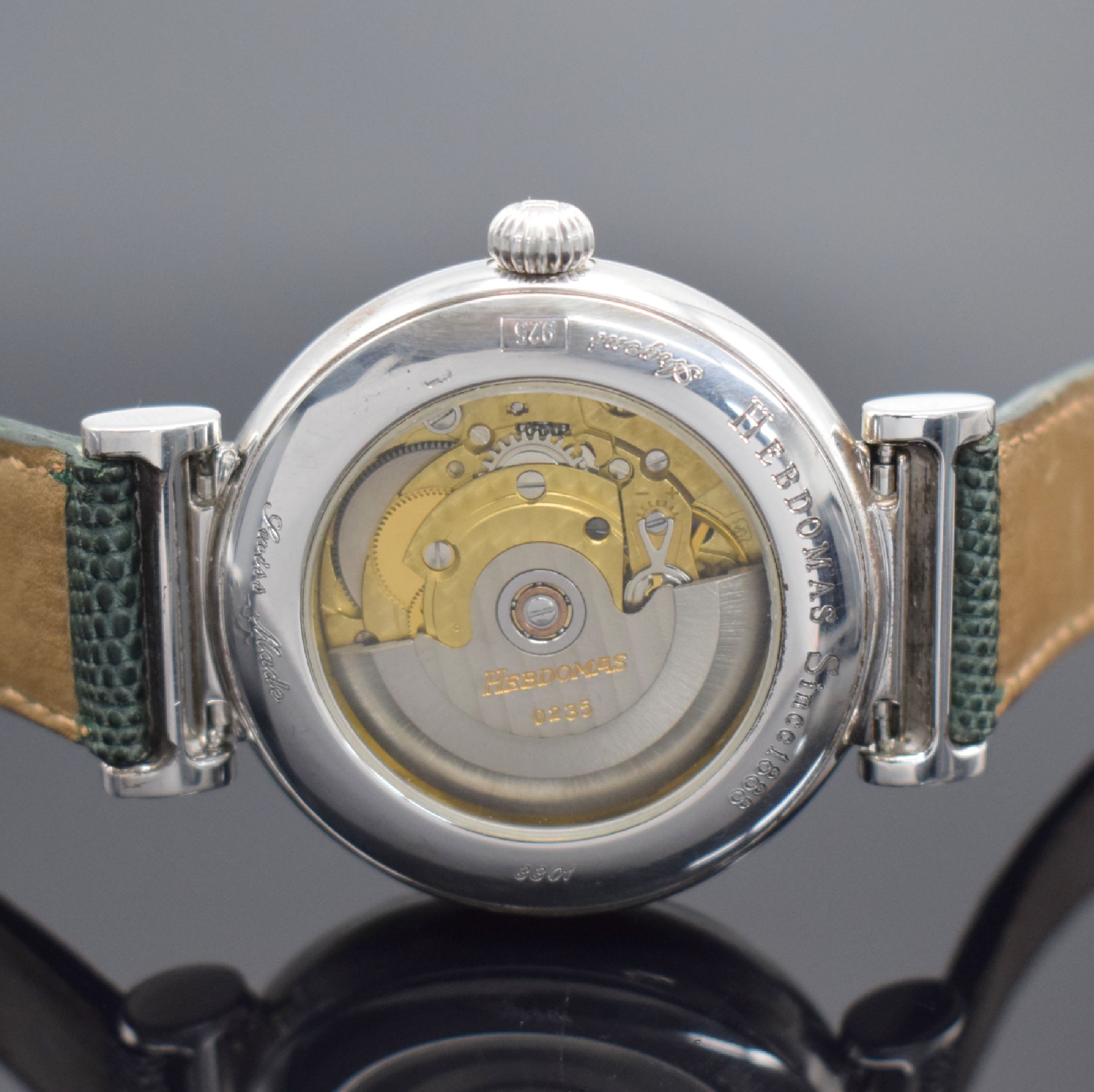 Detail c: HEBDOMAS Herrenarmbanduhr mit springender Stunde & 8 Tagewerk in 925er Silber, Schweiz um 1990, Automatik, Ref. 3301, beids. vergl. Geh. teils ...