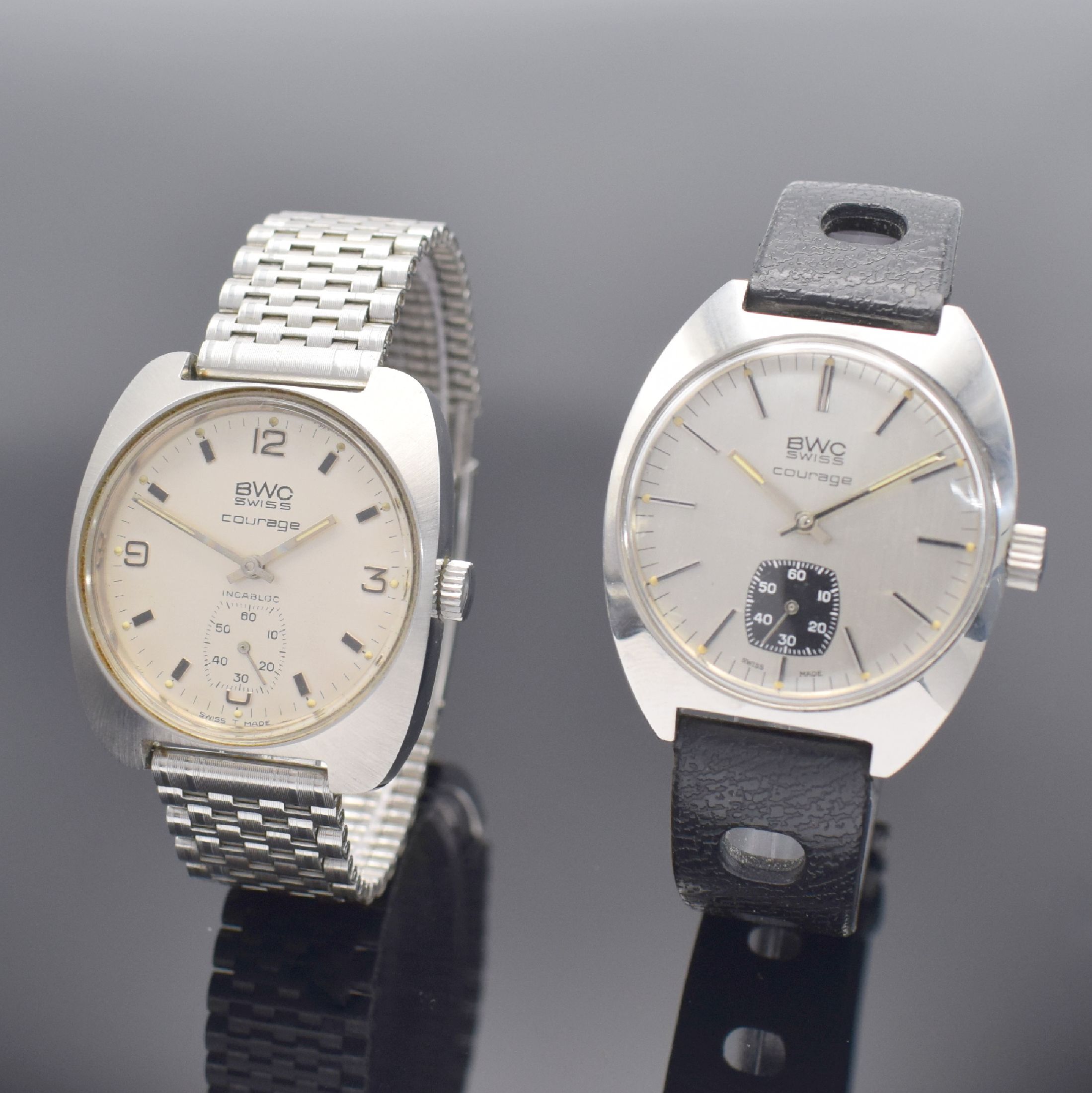 2 BWC Courage Herrenarmbanduhren in Stahl, Schweiz um 1970, Handaufzug, Böden verschr., 1x neutr. Stahlband m. Faltschl., silb. Zifferblätter m. ...