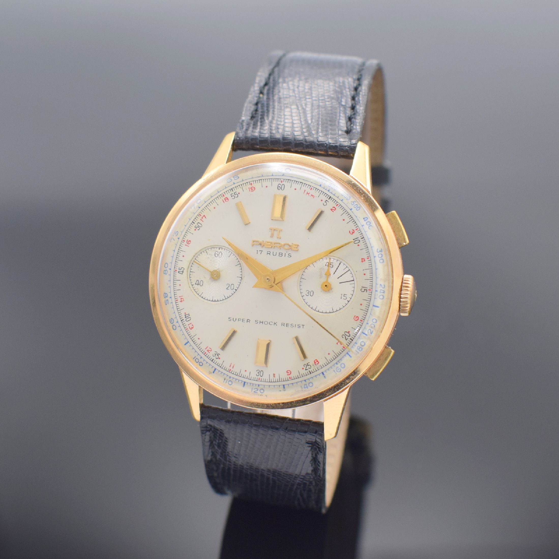 PIERCE Herrenarmbanduhr mit Schaltradchronograph in RG 750/000, Schweiz um 1955, Handaufzug, dell. Boden & Glasrand aufgedr., silb. Zifferbl. m. ...