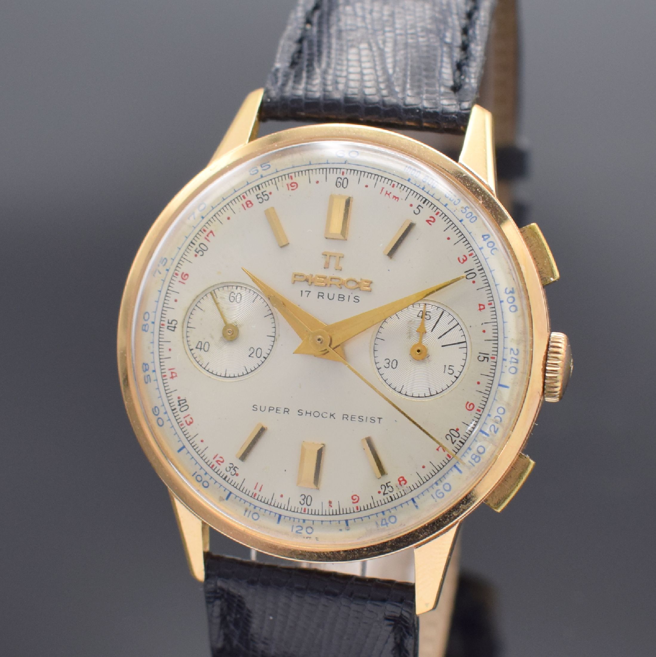 Detail a: PIERCE Herrenarmbanduhr mit Schaltradchronograph in RG 750/000, Schweiz um 1955, Handaufzug, dell. Boden & Glasrand aufgedr., silb. Zifferbl. m. ...