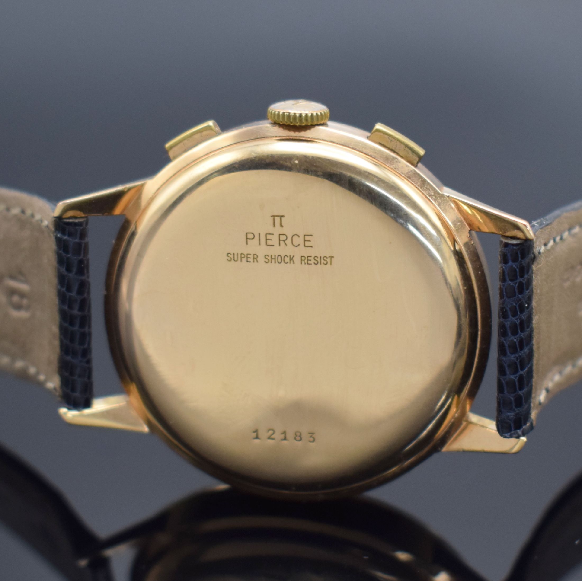 Detail c: PIERCE Herrenarmbanduhr mit Schaltradchronograph in RG 750/000, Schweiz um 1955, Handaufzug, dell. Boden & Glasrand aufgedr., silb. Zifferbl. m. ...