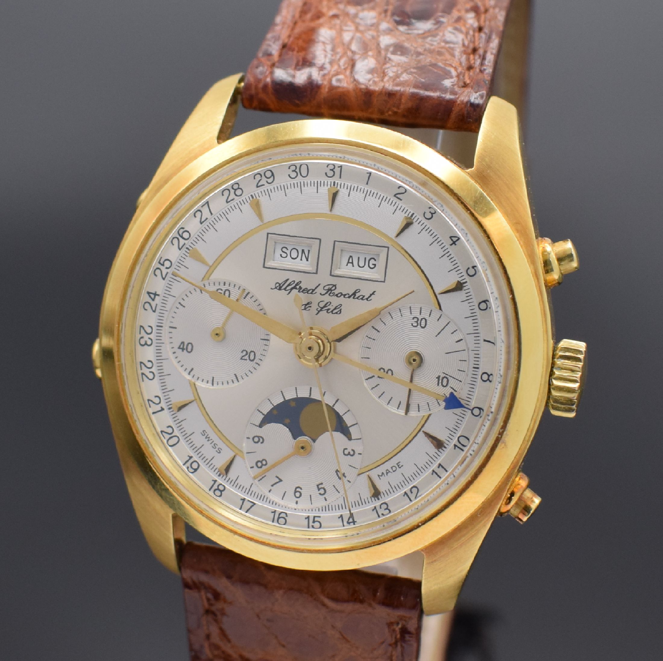 Detail a: ALFRED ROCHAT & FILS Schaltradchronograph mit Vollkalender Kaliber Valjoux 88 in GG 750/000, Schweiz verk. lt. beil. Zertifikat 12/1995, Handaufzug, ...