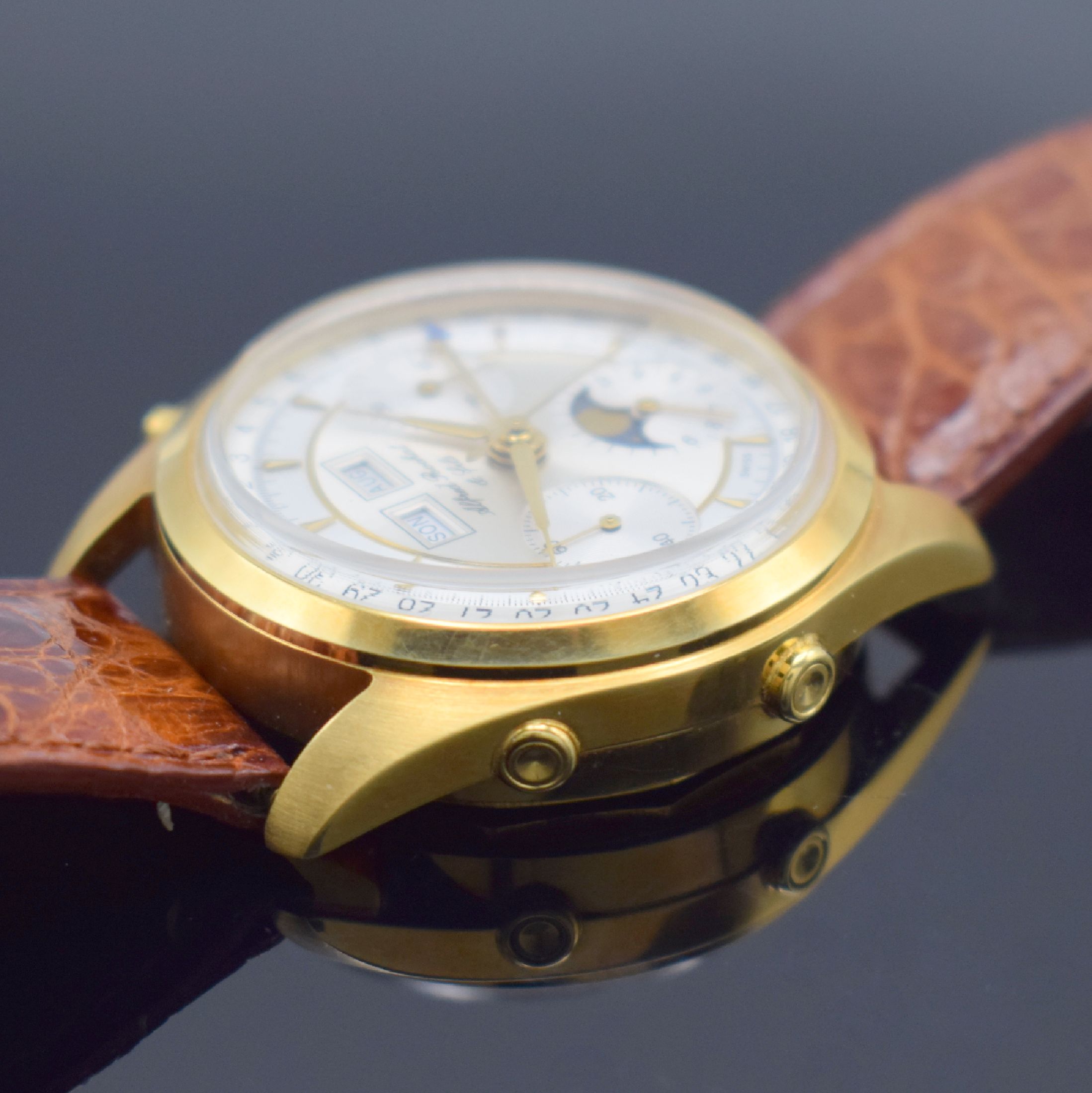 Detail c: ALFRED ROCHAT & FILS Schaltradchronograph mit Vollkalender Kaliber Valjoux 88 in GG 750/000, Schweiz verk. lt. beil. Zertifikat 12/1995, Handaufzug, ...