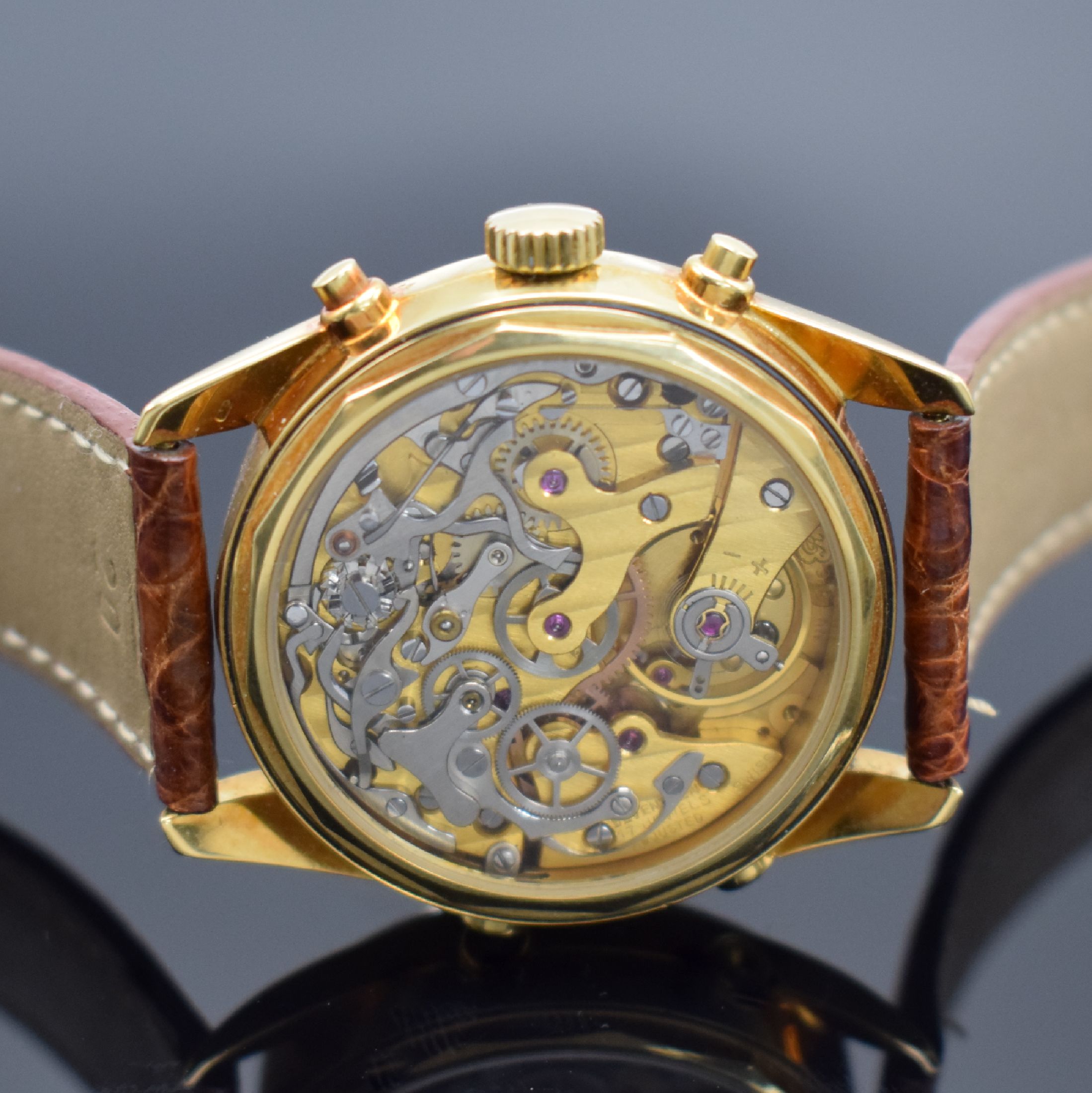 Detail d: ALFRED ROCHAT & FILS Schaltradchronograph mit Vollkalender Kaliber Valjoux 88 in GG 750/000, Schweiz verk. lt. beil. Zertifikat 12/1995, Handaufzug, ...