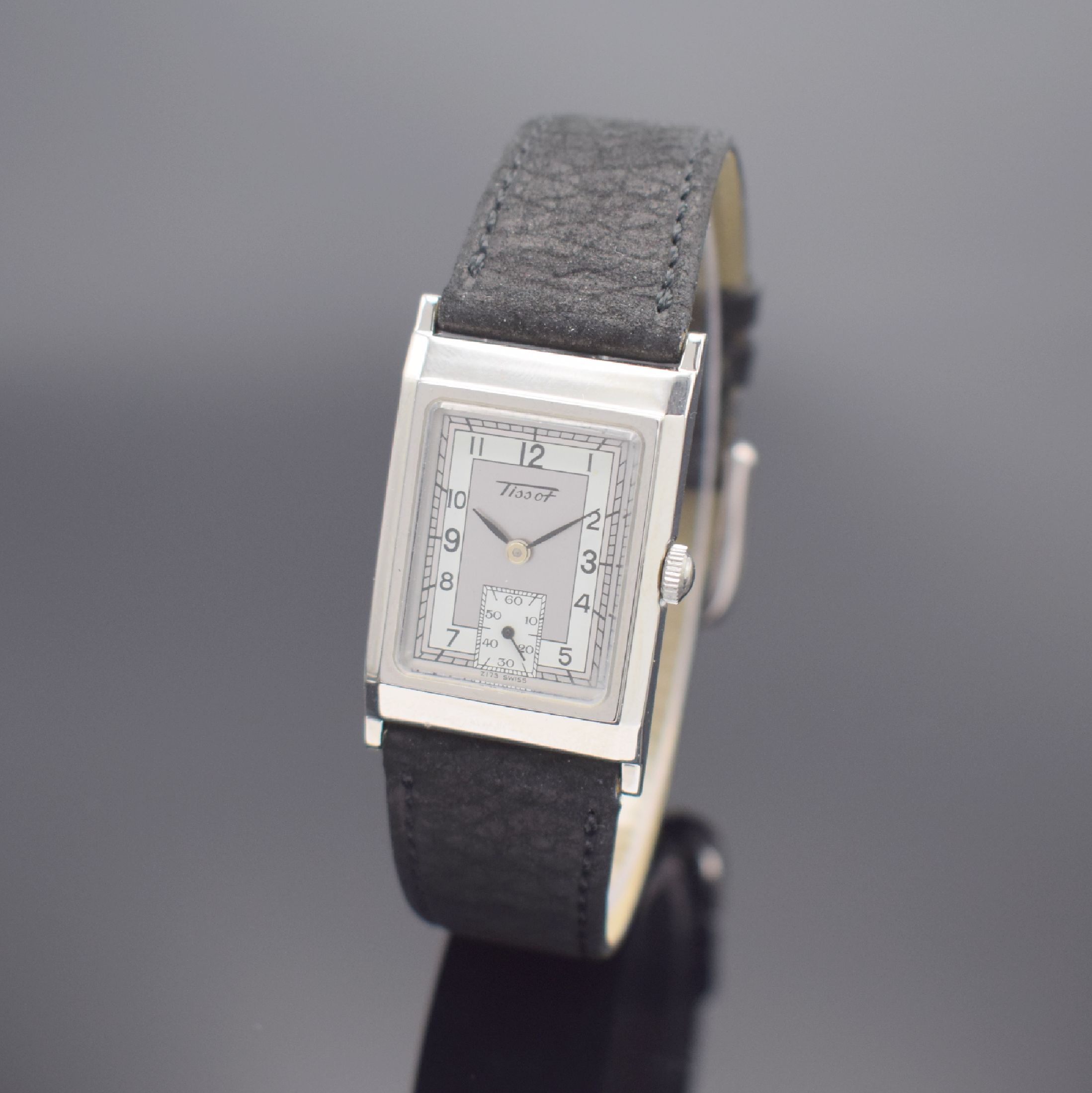 TISSOT rechteckige Armbanduhr in Stahl, Schweiz verk. lt. beil. Garantie 12/1995, quarz, Boden 4-fach verschr., orig. Lederband m. Dornschl., silb. ...
