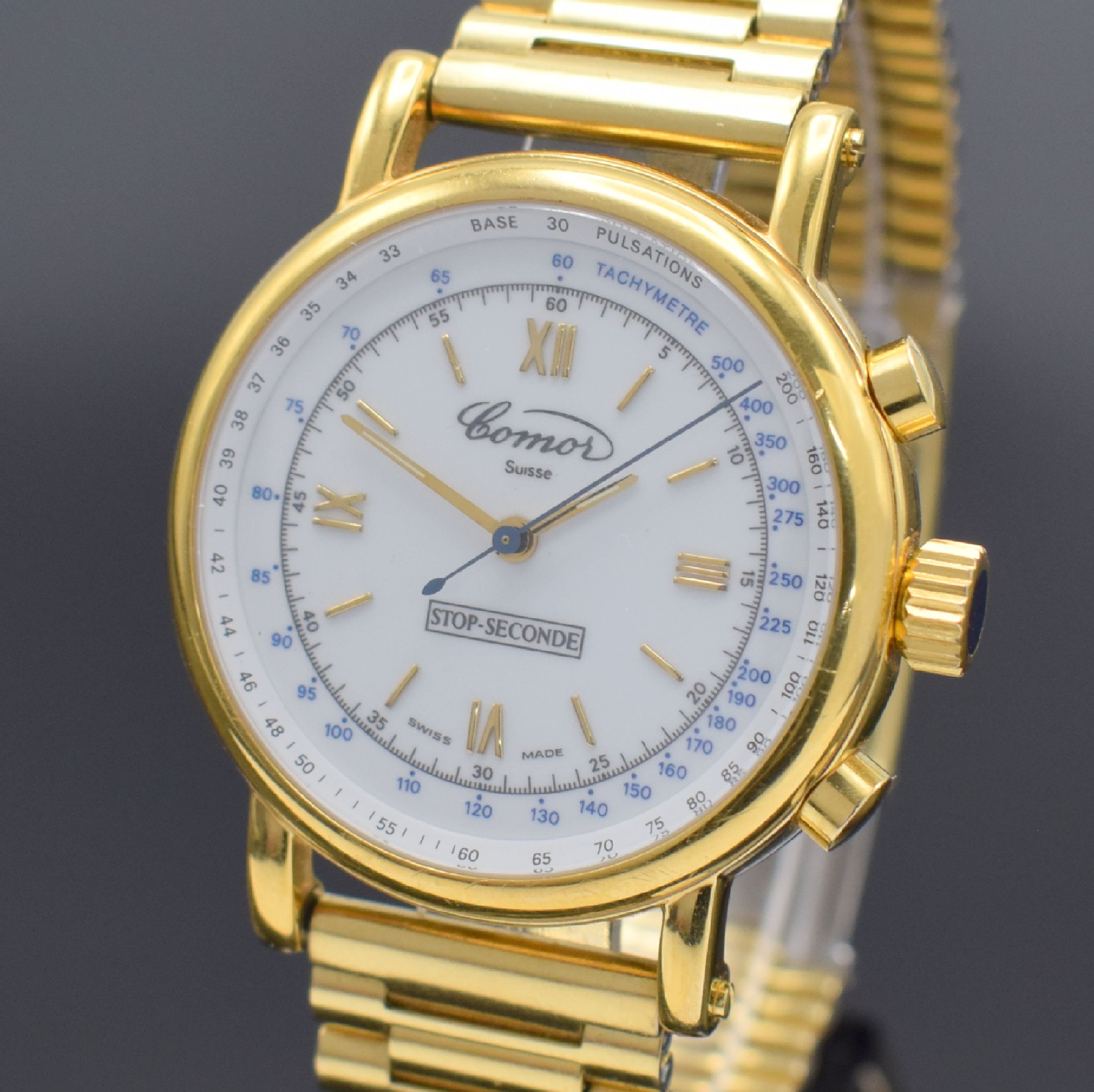 Detail a: COMOR Stop-Seconde limitierte vergoldete Herrenarmbanduhr mit Chronograph, Schweiz verk. lt. beil. Zertifikat 12/1992, Werk 1950er Jahre, Handaufzug, ...