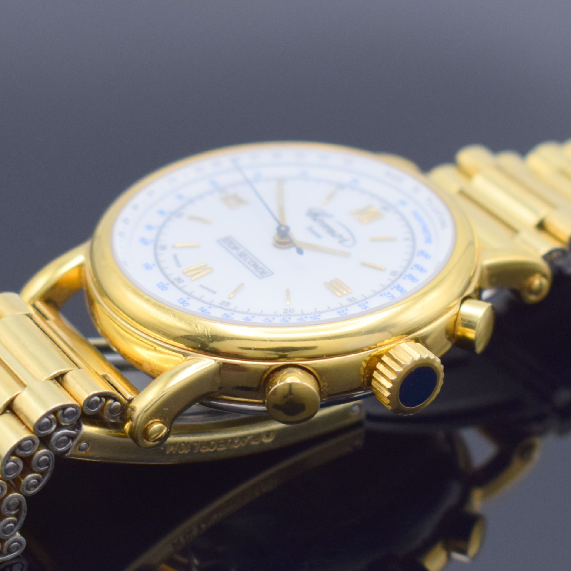 Detail b: COMOR Stop-Seconde limitierte vergoldete Herrenarmbanduhr mit Chronograph, Schweiz verk. lt. beil. Zertifikat 12/1992, Werk 1950er Jahre, Handaufzug, ...