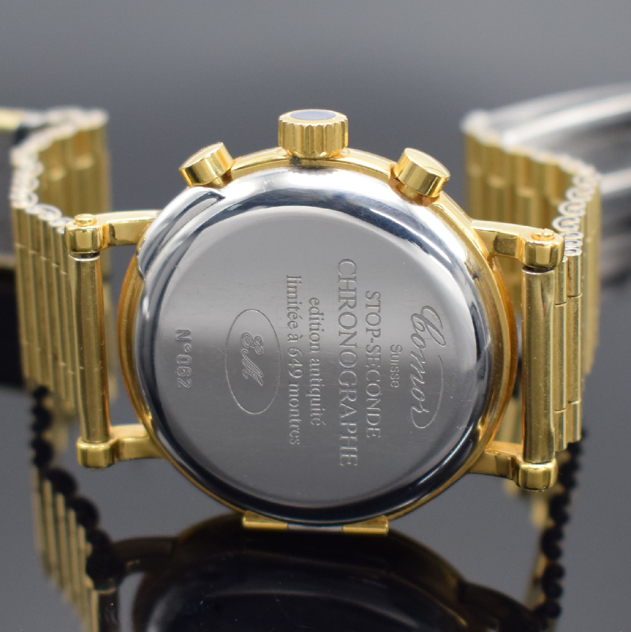 Detail c: COMOR Stop-Seconde limitierte vergoldete Herrenarmbanduhr mit Chronograph, Schweiz verk. lt. beil. Zertifikat 12/1992, Werk 1950er Jahre, Handaufzug, ...