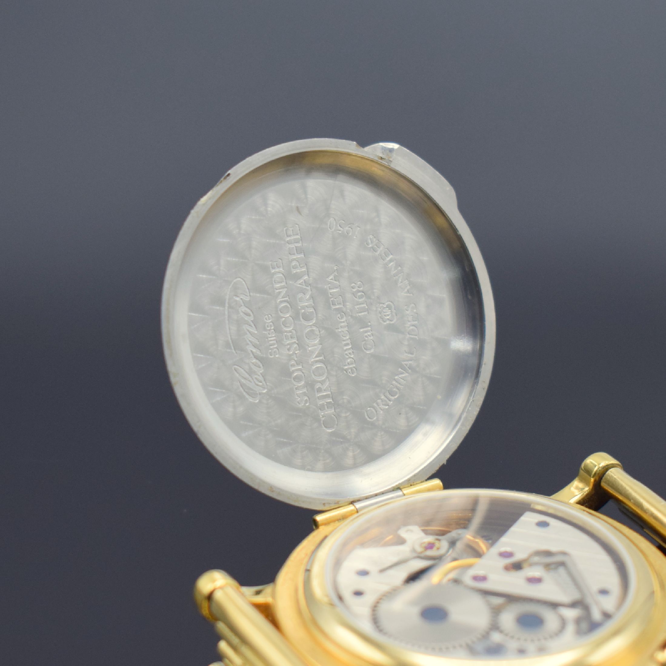 Detail d: COMOR Stop-Seconde limitierte vergoldete Herrenarmbanduhr mit Chronograph, Schweiz verk. lt. beil. Zertifikat 12/1992, Werk 1950er Jahre, Handaufzug, ...