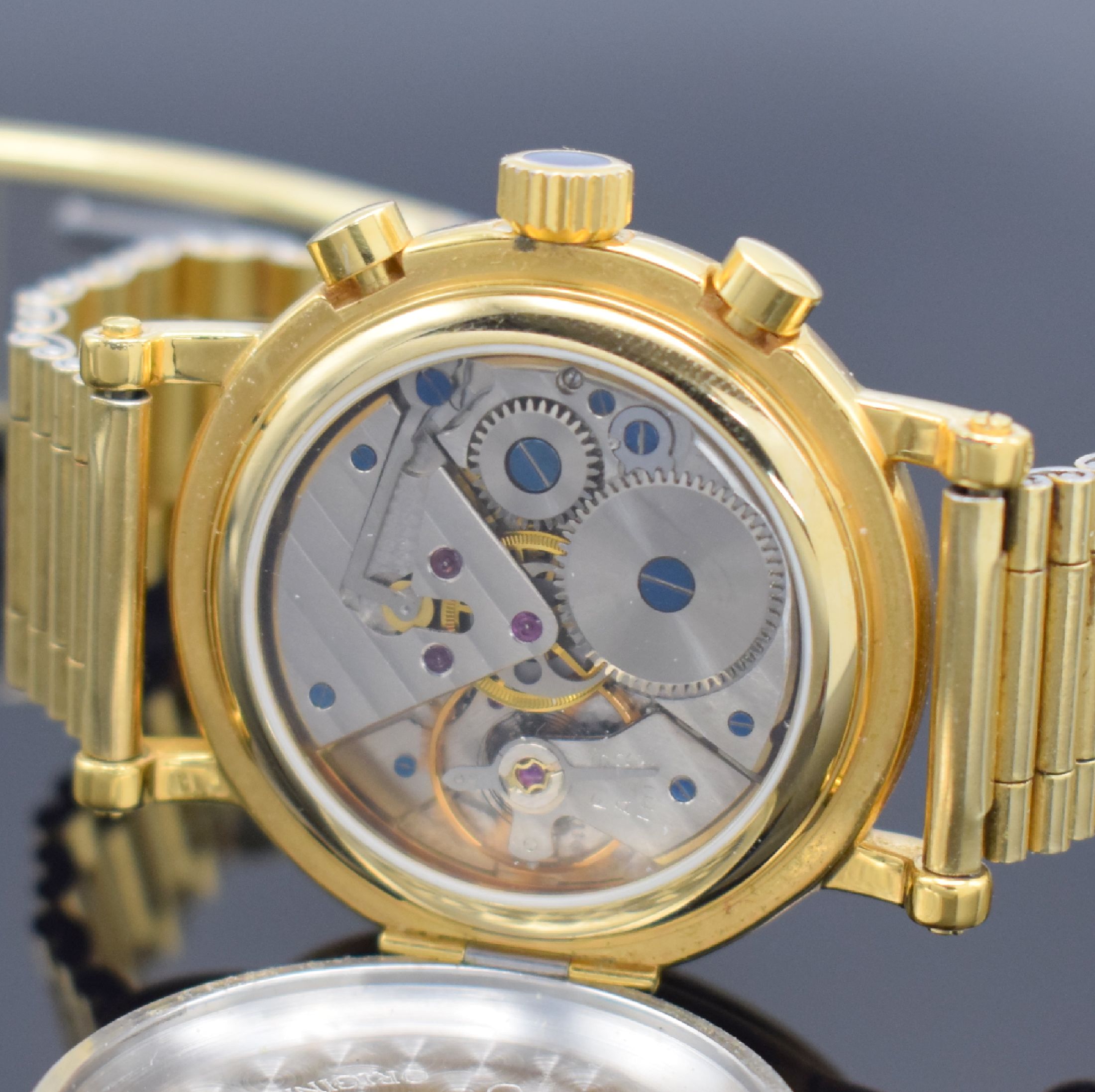 Detail e: COMOR Stop-Seconde limitierte vergoldete Herrenarmbanduhr mit Chronograph, Schweiz verk. lt. beil. Zertifikat 12/1992, Werk 1950er Jahre, Handaufzug, ...