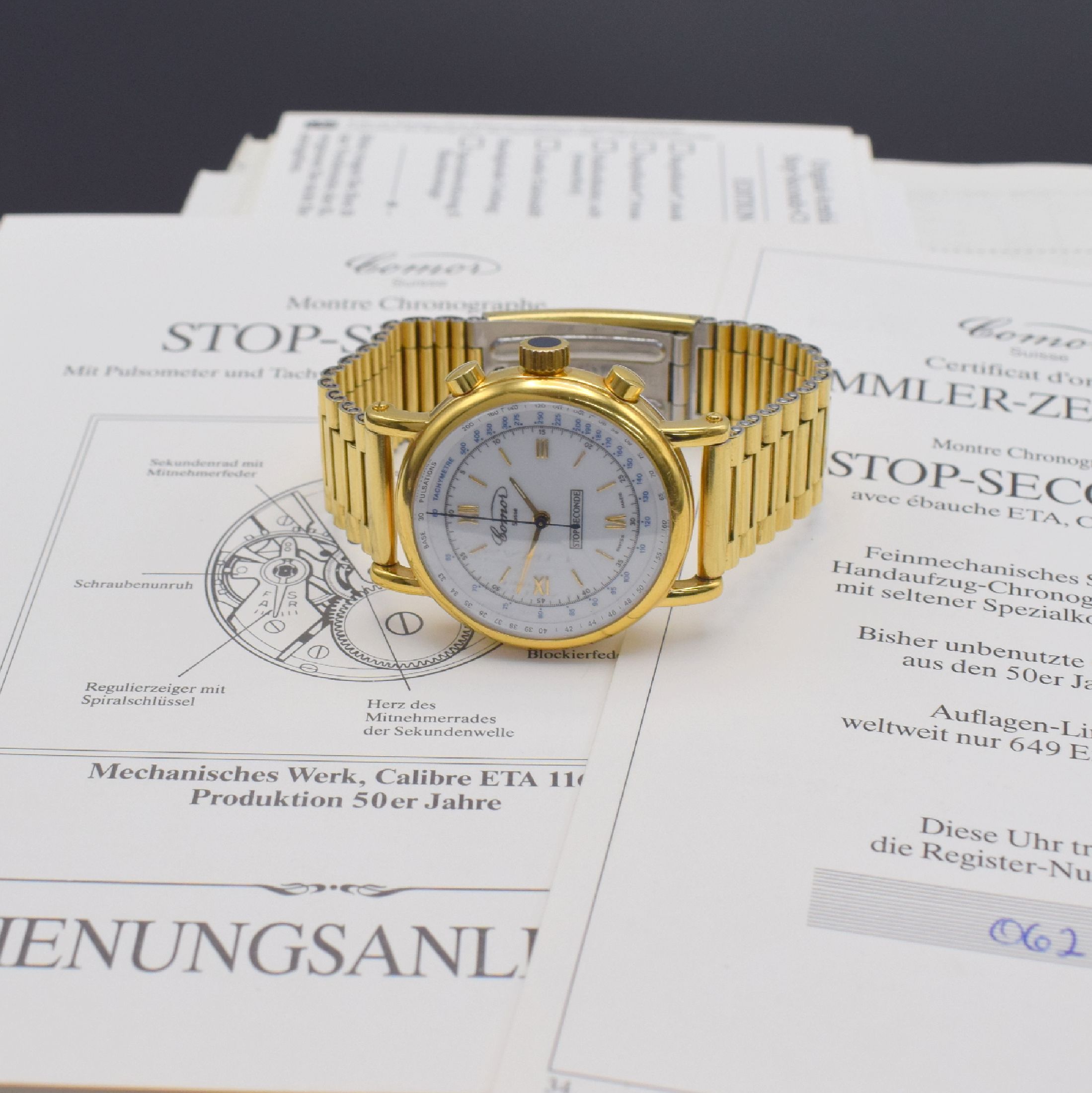 Detail g: COMOR Stop-Seconde limitierte vergoldete Herrenarmbanduhr mit Chronograph, Schweiz verk. lt. beil. Zertifikat 12/1992, Werk 1950er Jahre, Handaufzug, ...