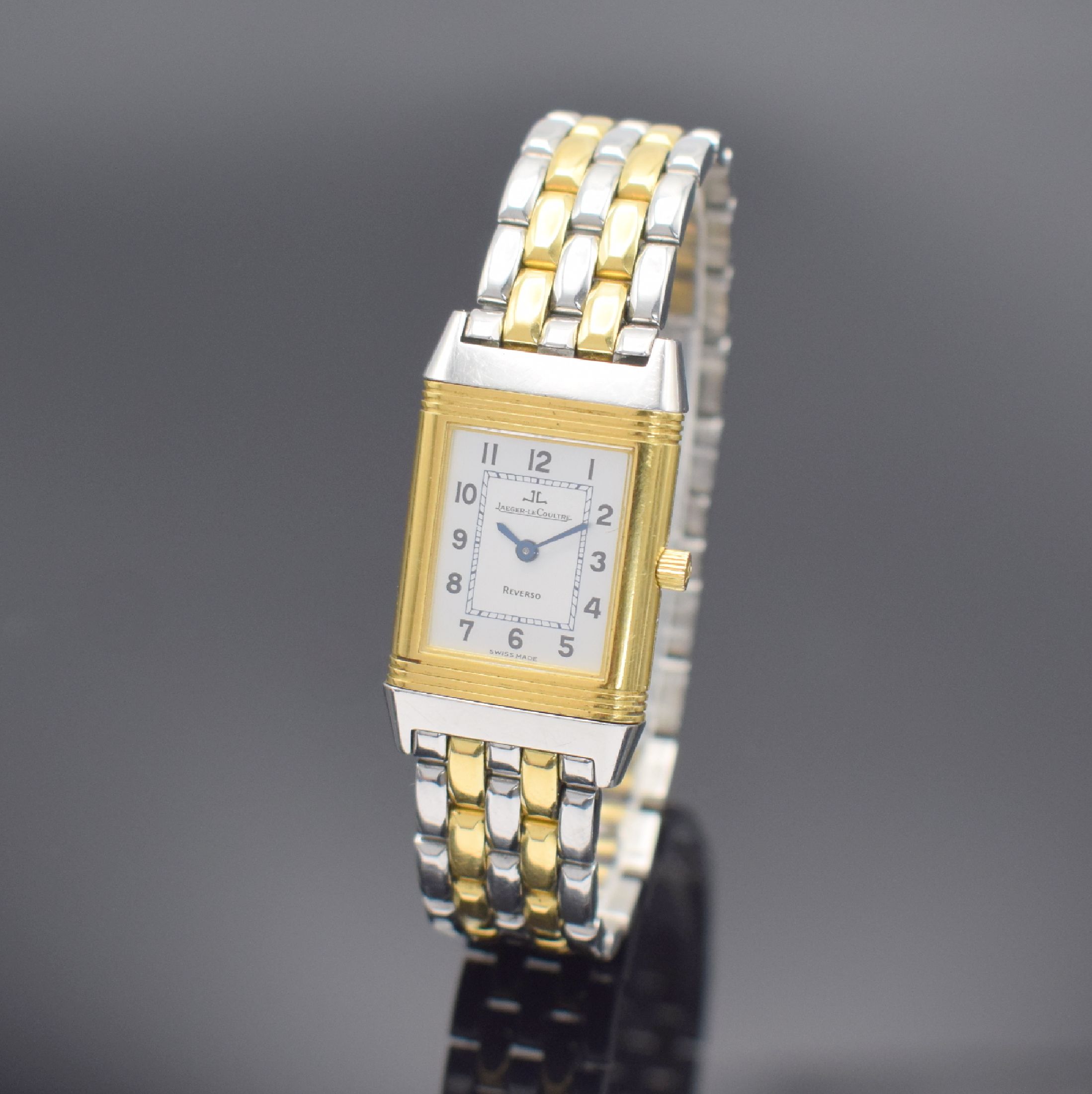 Jaeger-LeCoultre Reverso Damenarmbanduhr Referenz 260.5.86, Schweiz um 2005, Handaufzug, Edelstahl & Gold komb., Wendegeh. in Gold, Gliederband m. ...