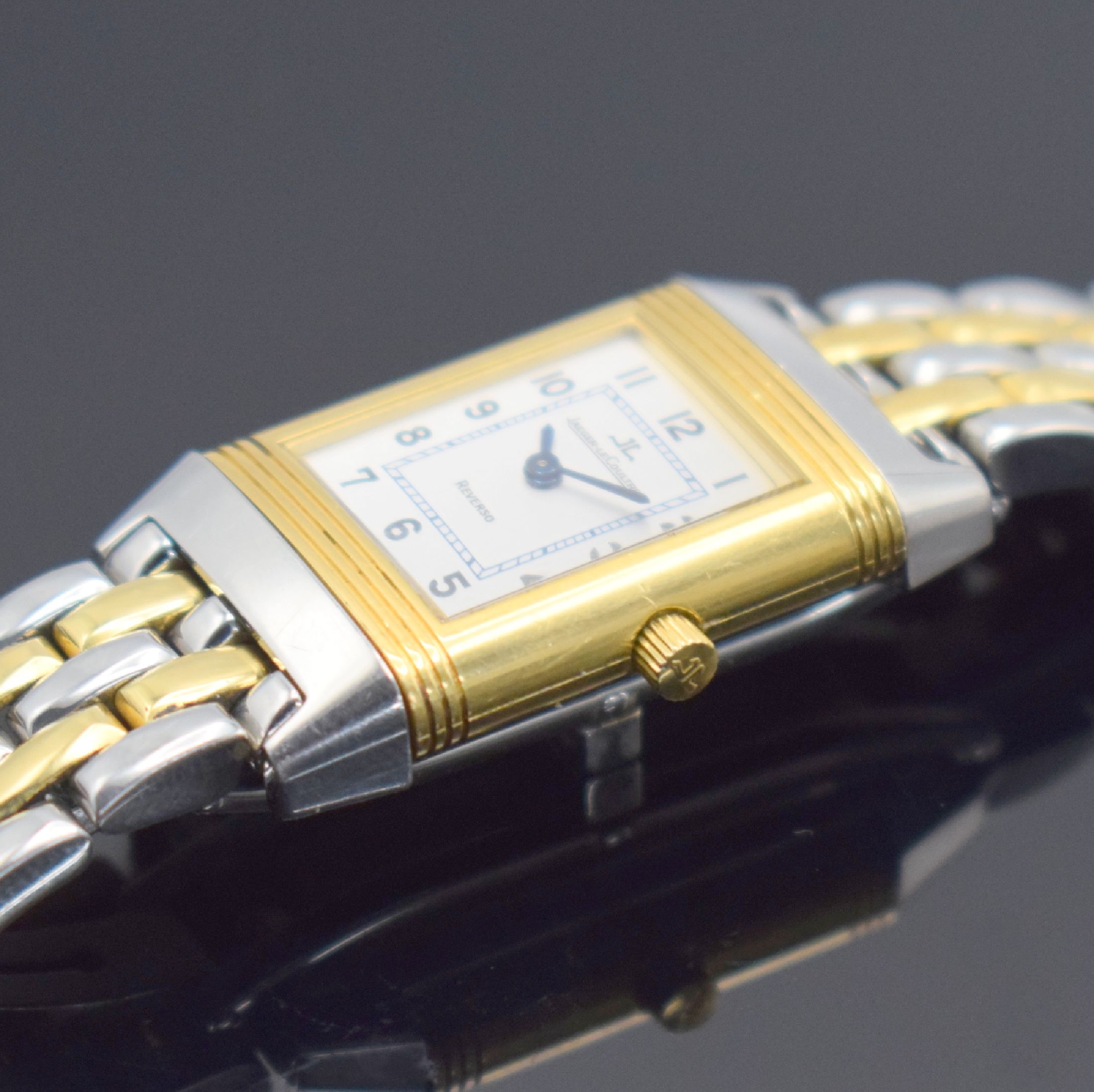 Detail c: Jaeger-LeCoultre Reverso Damenarmbanduhr Referenz 260.5.86, Schweiz um 2005, Handaufzug, Edelstahl & Gold komb., Wendegeh. in Gold, Gliederband m. ...