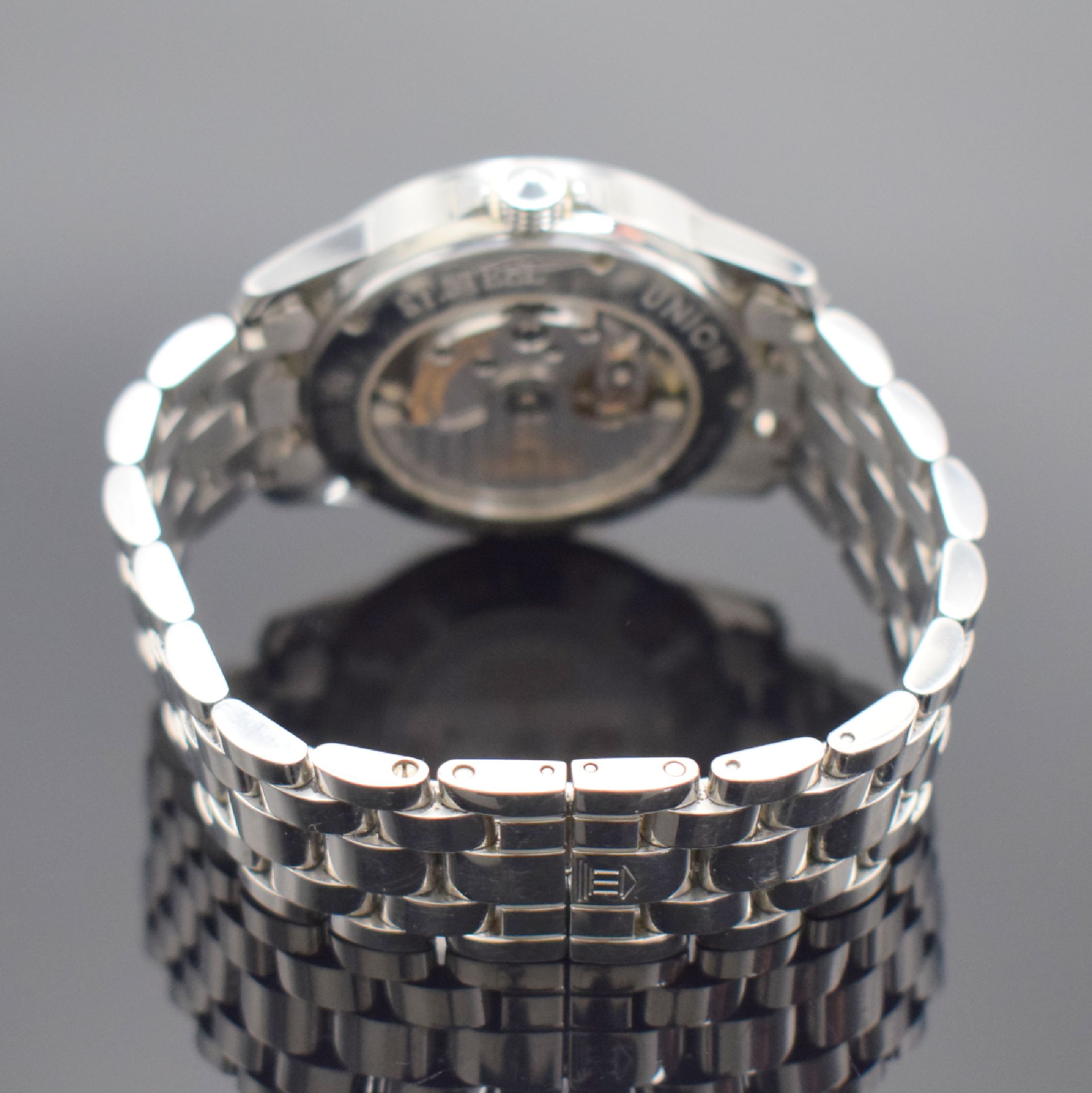 Detail b: UNION Glashütte/SA. Herrenarmbanduhr mit Gangreserveanzeige, Deutschland um 2010, Automatik, beids. vergl. Geh. in Edelstahl, Boden 5-fach verschr., ...