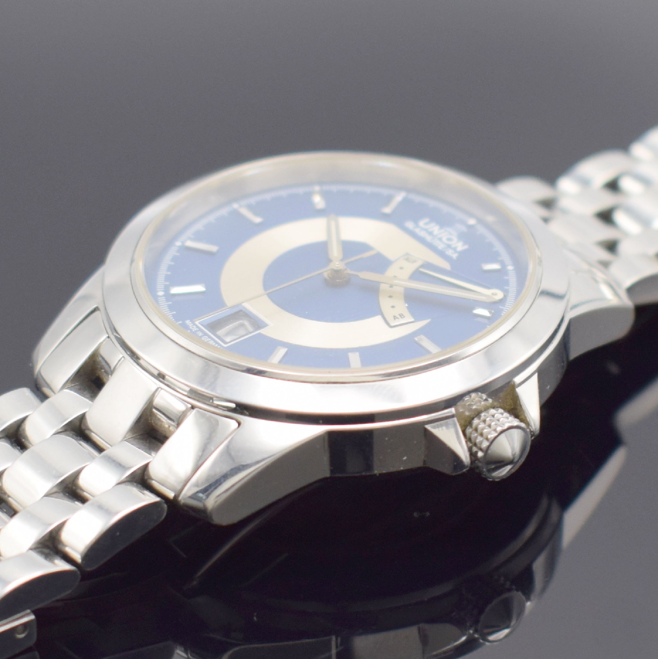 Detail c: UNION Glashütte/SA. Herrenarmbanduhr mit Gangreserveanzeige, Deutschland um 2010, Automatik, beids. vergl. Geh. in Edelstahl, Boden 5-fach verschr., ...