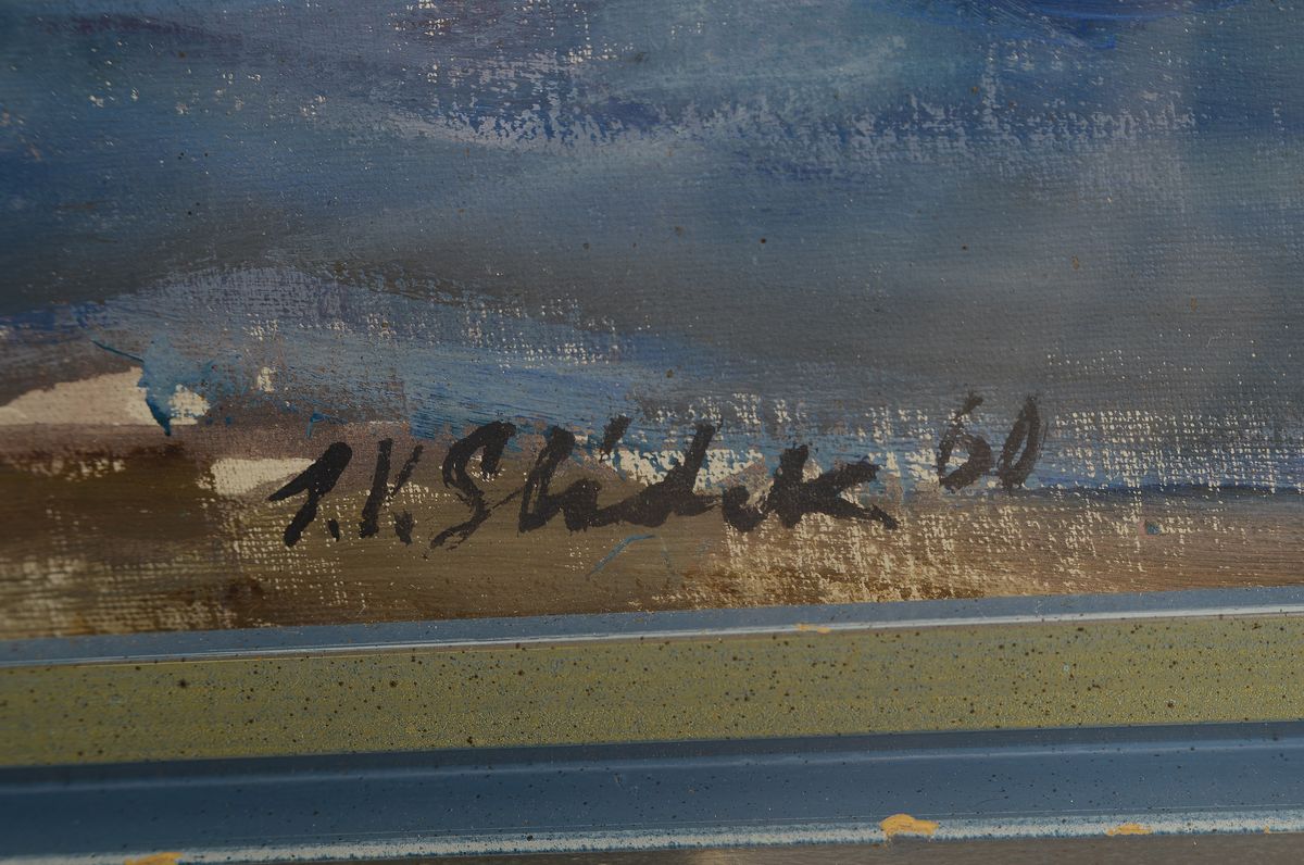 Detail a: J.K. Slidek, datiert (19)60, Seelandschaft mit Gebirge im Hintergrund, Öl/Malkarton, rechts unten signiert, ca. 78x100cm