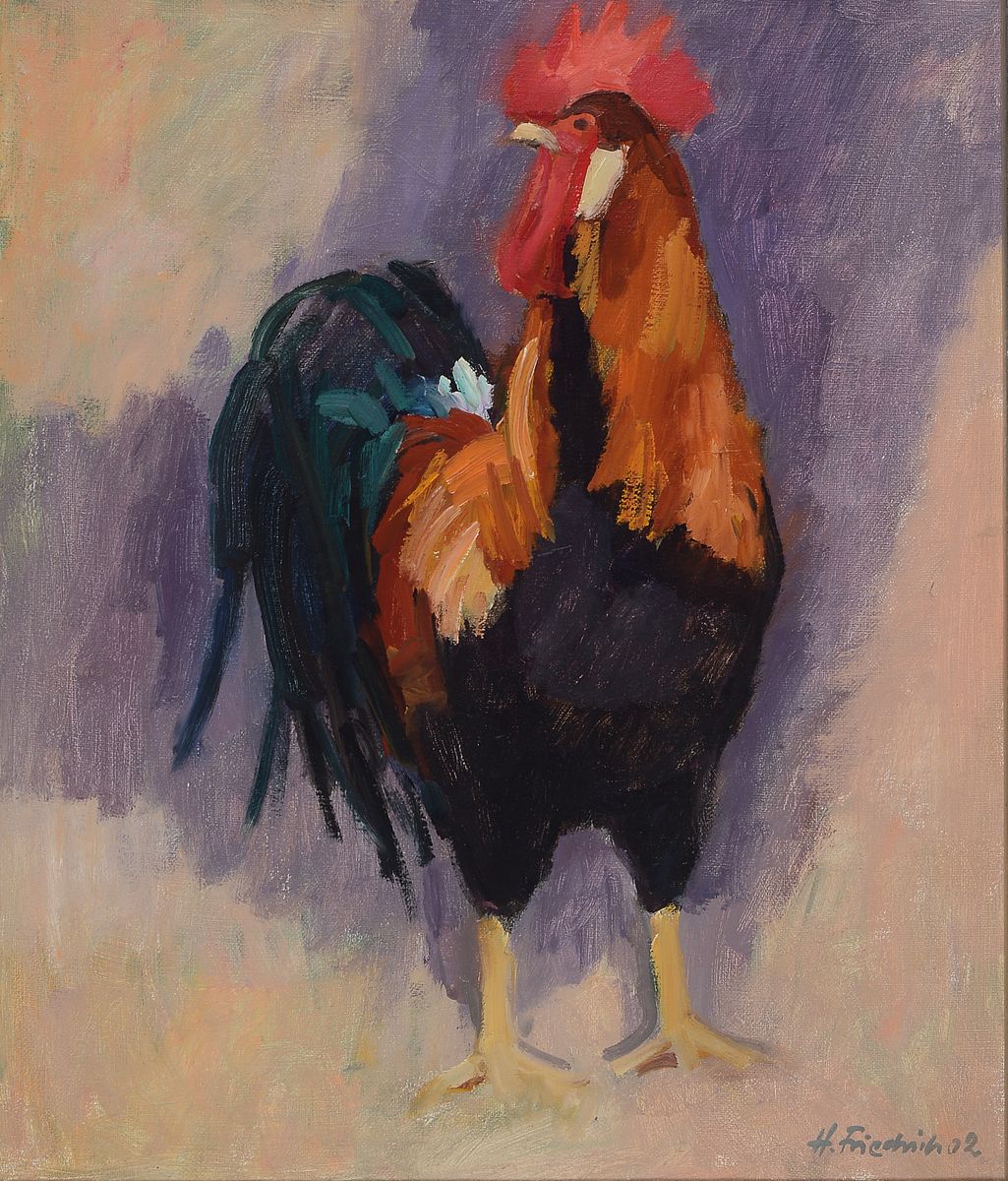 Heinz Friedrich, 1924 Schwetzingen - 2018, Hahn, Öl/Lwd, signiert und dat. 02, ca. 55 x 46 cm, Rahmen