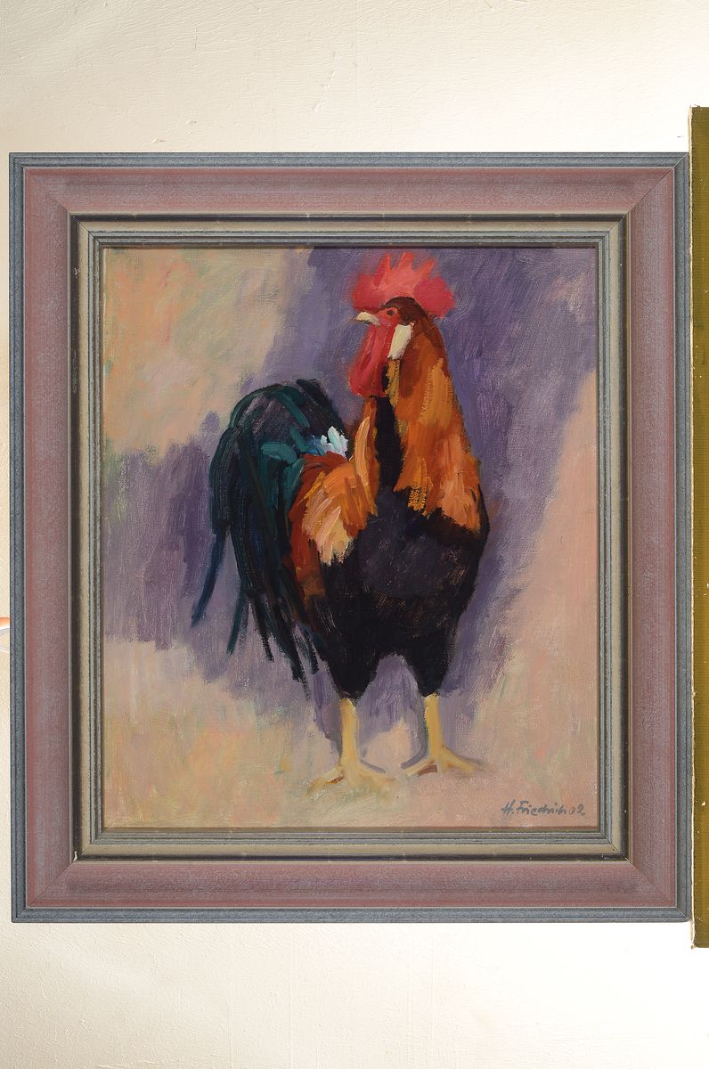 Detail k: Heinz Friedrich, 1924 Schwetzingen - 2018, Hahn, Öl/Lwd, signiert und dat. 02, ca. 55 x 46 cm, Rahmen