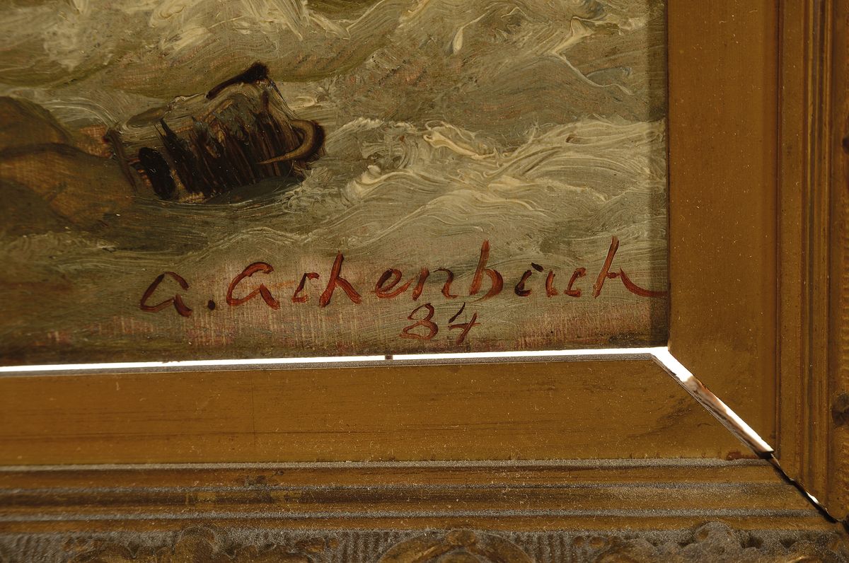 Detail a: Andreas Achenbach, 1815 Kassel-1910 Düsseldorf, Stürmische See, Öl/Holz, rechts unten signiert und dat. 84, ca. 27x21cm, Prunkrahmen ca. 56x50cm