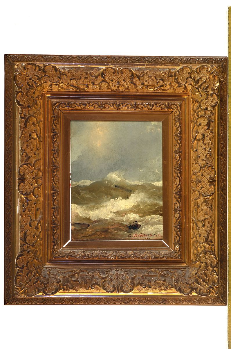 Detail k: Andreas Achenbach, 1815 Kassel-1910 Düsseldorf, Stürmische See, Öl/Holz, rechts unten signiert und dat. 84, ca. 27x21cm, Prunkrahmen ca. 56x50cm