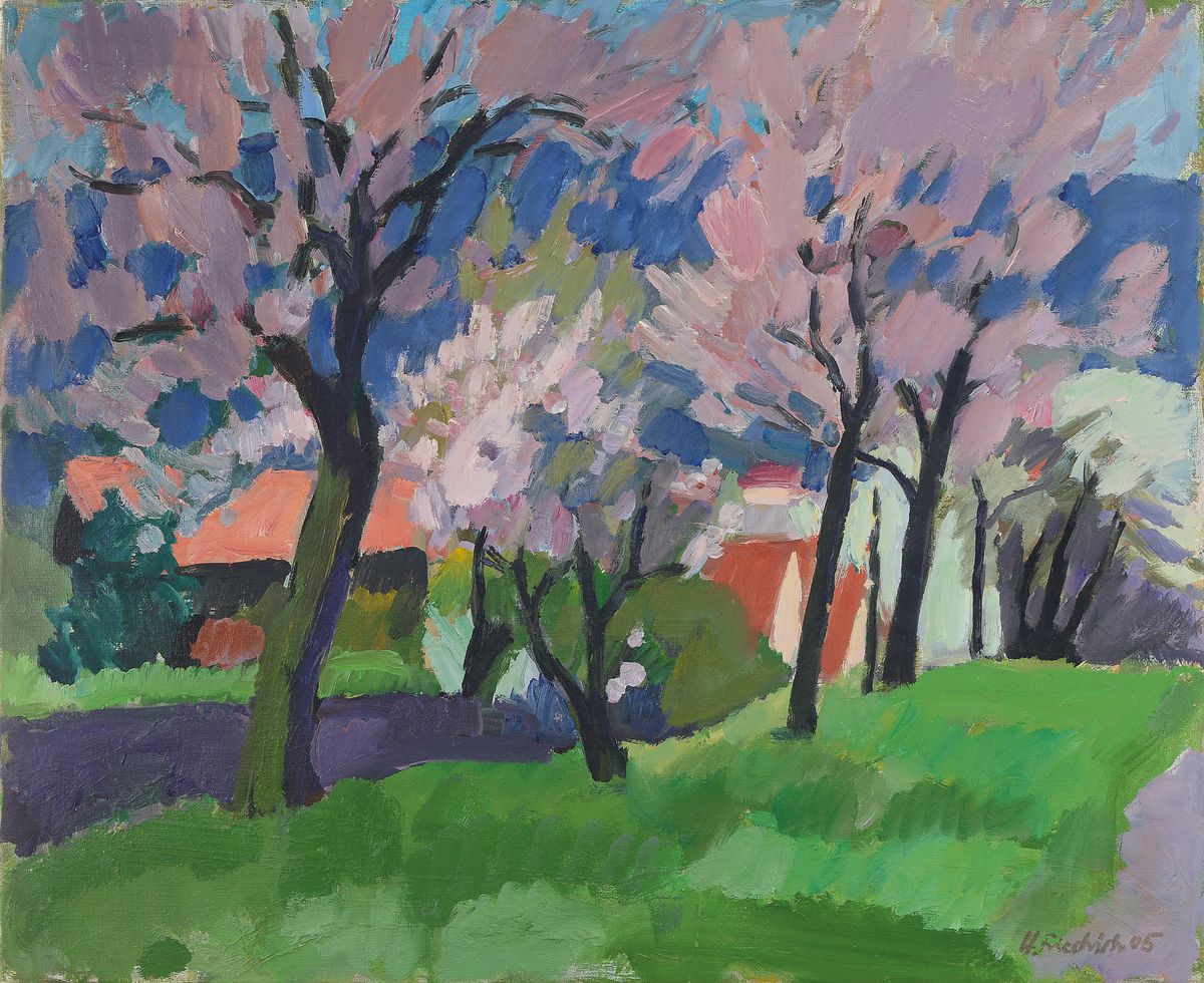 Heinz Friedrich, 1924 Schwetzingen - 2018, pfälzer Landschaft in der Mandelblüte, Öl/Lwd., signiert und dat. 05, 50 x 62 cm, Rahmen