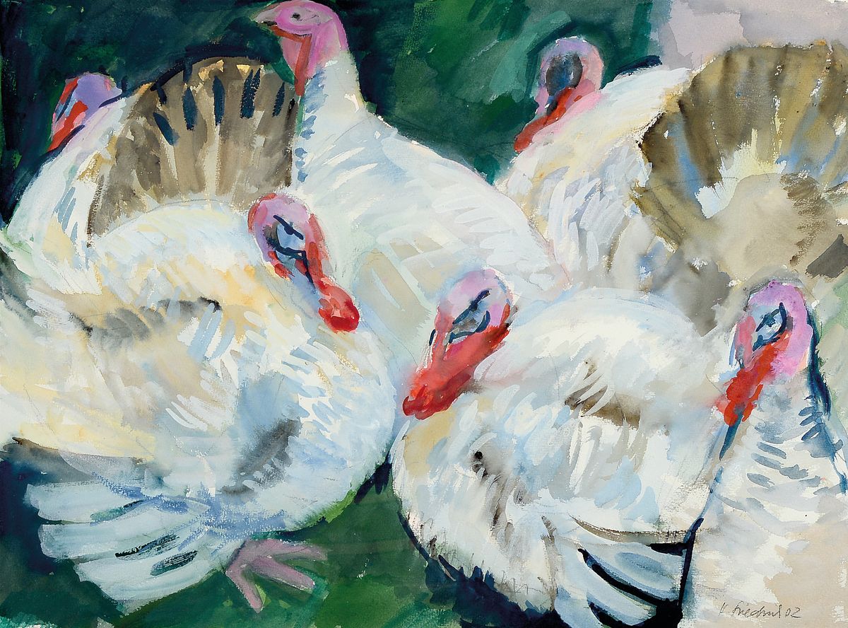 Heinz Friedrich, 1924 Schwetzingen -2018, Truthähne, großformatiges Aquarell/Papier, signiert, dat. 02, ca. 54 x 72 cm, Rahmen