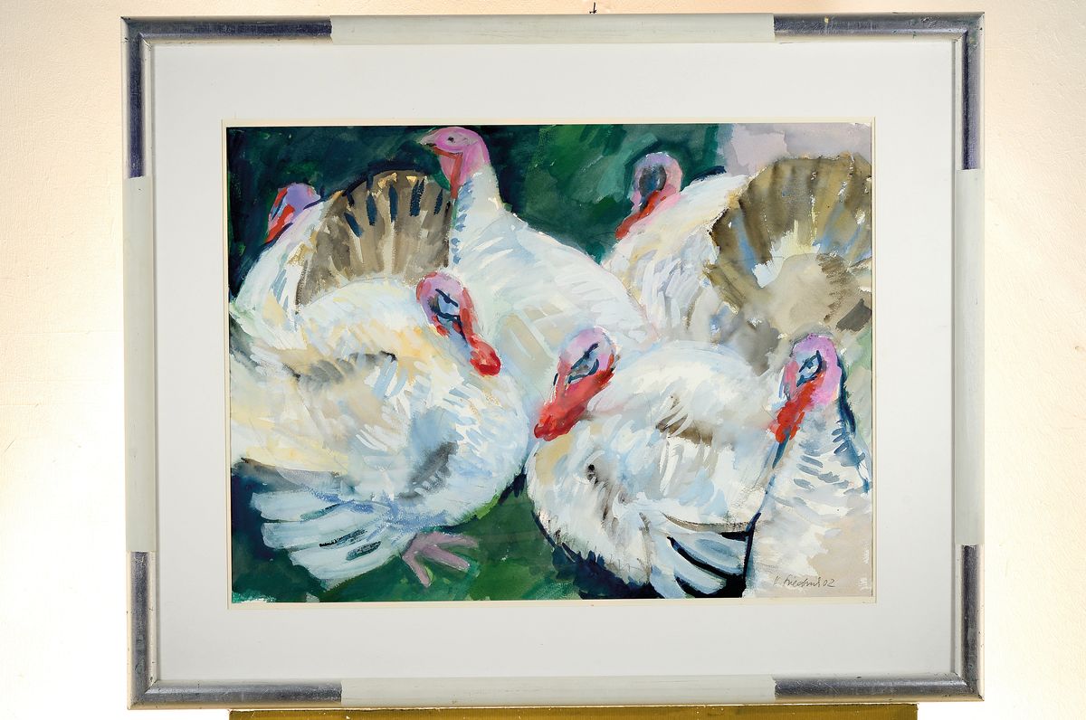 Detail k: Heinz Friedrich, 1924 Schwetzingen -2018, Truthähne, großformatiges Aquarell/Papier, signiert, dat. 02, ca. 54 x 72 cm, Rahmen