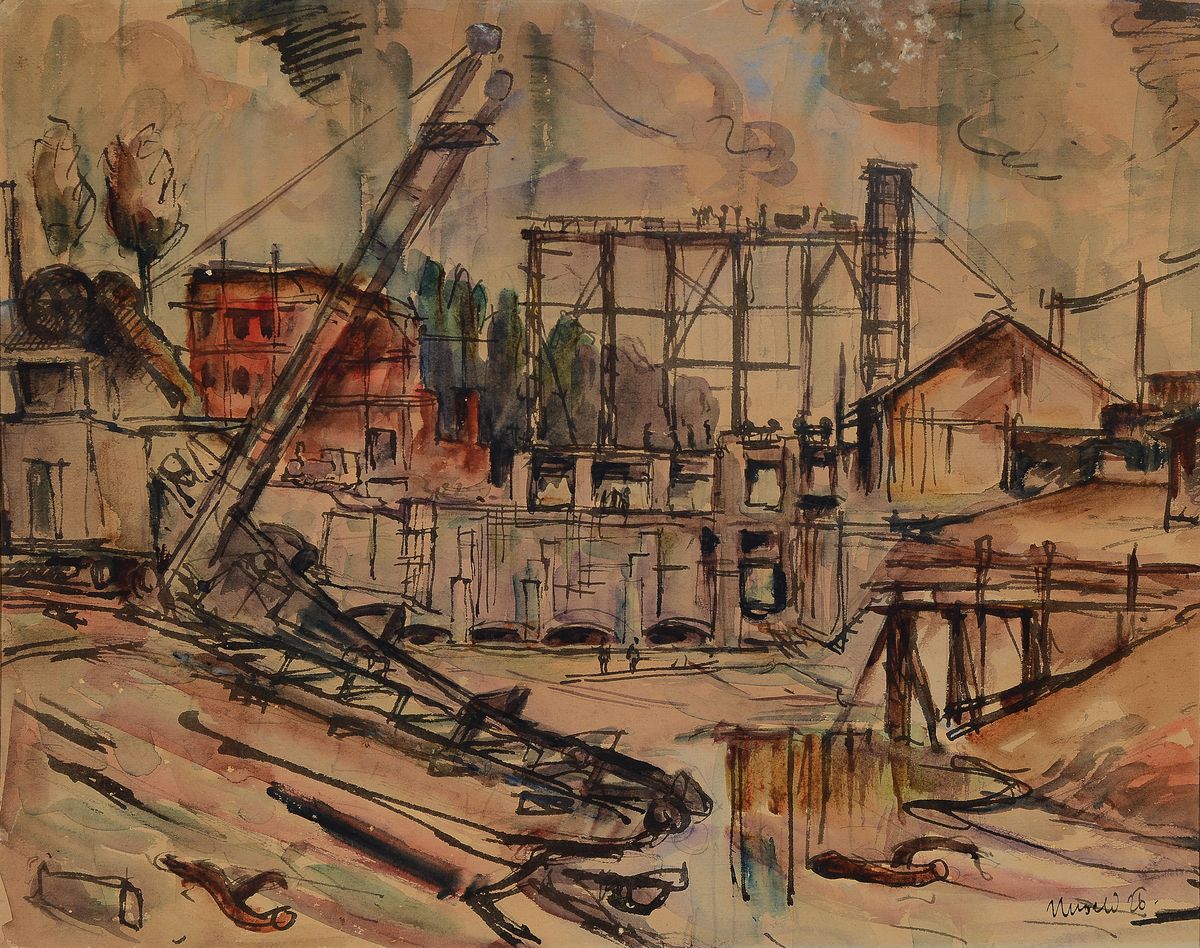 Albert Unseld, 1879-1964 Ulm, Industrielandschaft, Tusche und Aquarell, rechts unten signiert, ca. 38x48cm