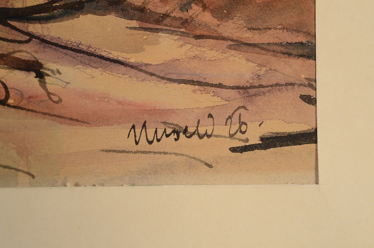 Detail a: Albert Unseld, 1879-1964 Ulm, Industrielandschaft, Tusche und Aquarell, rechts unten signiert, ca. 38x48cm