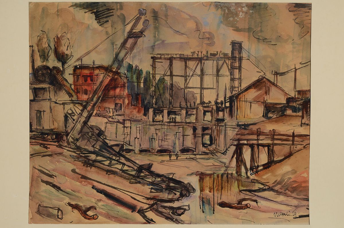Detail k: Albert Unseld, 1879-1964 Ulm, Industrielandschaft, Tusche und Aquarell, rechts unten signiert, ca. 38x48cm