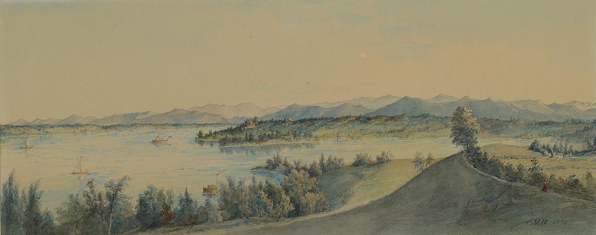 Monogrammist C.MLT, datiert 1893, Landschaft an einem oberbayerischen See, wohl Chiemsee, sehr feines polychromes Aquarell, rechts unten monogr. und ...