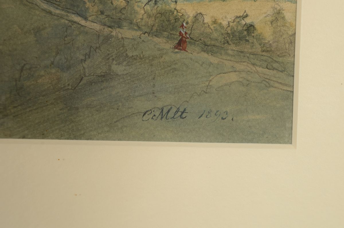 Detail a: Monogrammist C.MLT, datiert 1893, Landschaft an einem oberbayerischen See, wohl Chiemsee, sehr feines polychromes Aquarell, rechts unten monogr. und ...