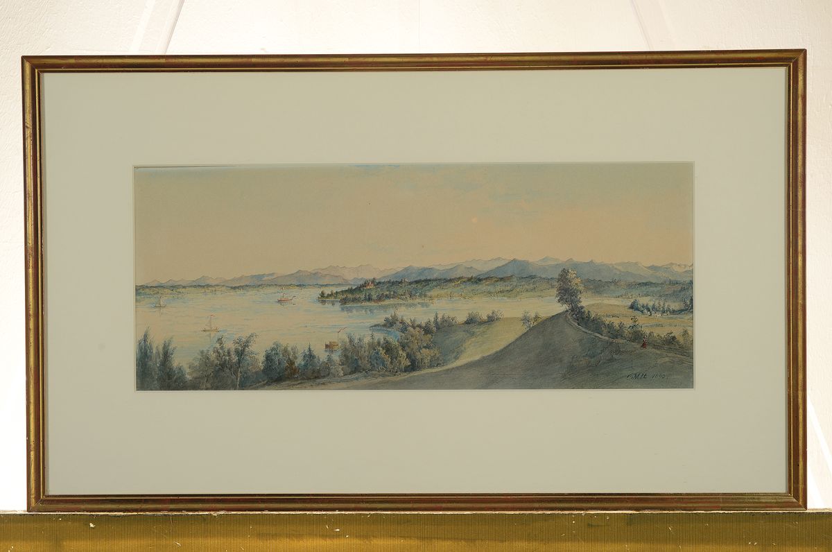 Detail k: Monogrammist C.MLT, datiert 1893, Landschaft an einem oberbayerischen See, wohl Chiemsee, sehr feines polychromes Aquarell, rechts unten monogr. und ...