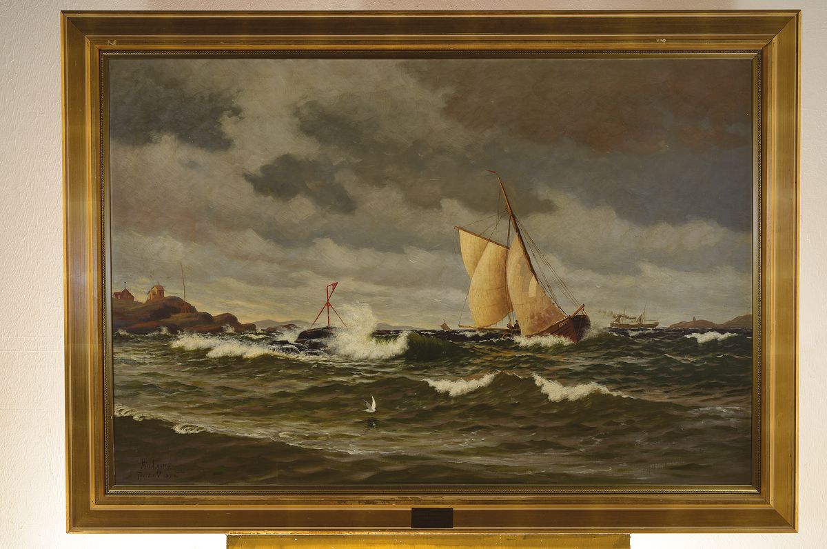 Detail k: Johan Peter Eggers, 1855 Göteborg-1907, Studium an der Akademie Kopenhagen, Segelboote auf stürmischer See vor der Küste, links unten signiert und ...