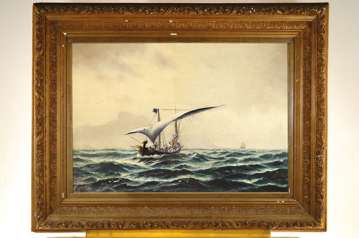 Detail k: Valdemar Otto Lusty, 1886-1965, dänischer Marinemaler, Segelboot mit geblähten Segeln, links unten signiert, verso unleserlich bez. , breiter ...