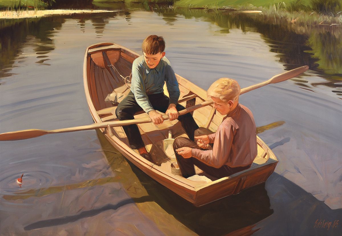 Knud Edsberg, 1911 Kopenhagen-2003 Holmstrup , Ausbildung bei Laurits Tuxen, ländliche Genreszene, friedliche Szenerie mit zwei Knaben beim Fischen ...
