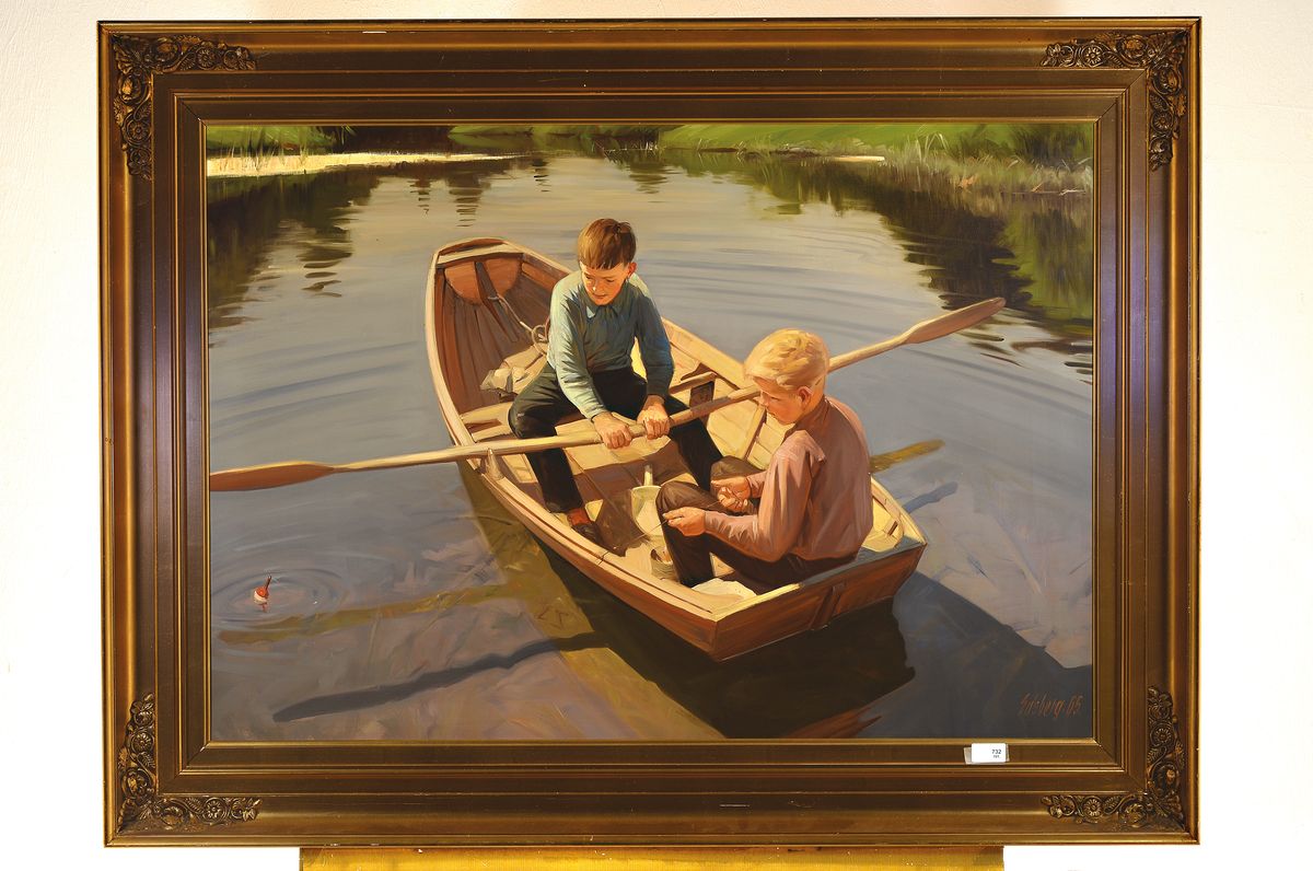Detail k: Knud Edsberg, 1911 Kopenhagen-2003 Holmstrup , Ausbildung bei Laurits Tuxen, ländliche Genreszene, friedliche Szenerie mit zwei Knaben beim Fischen ...