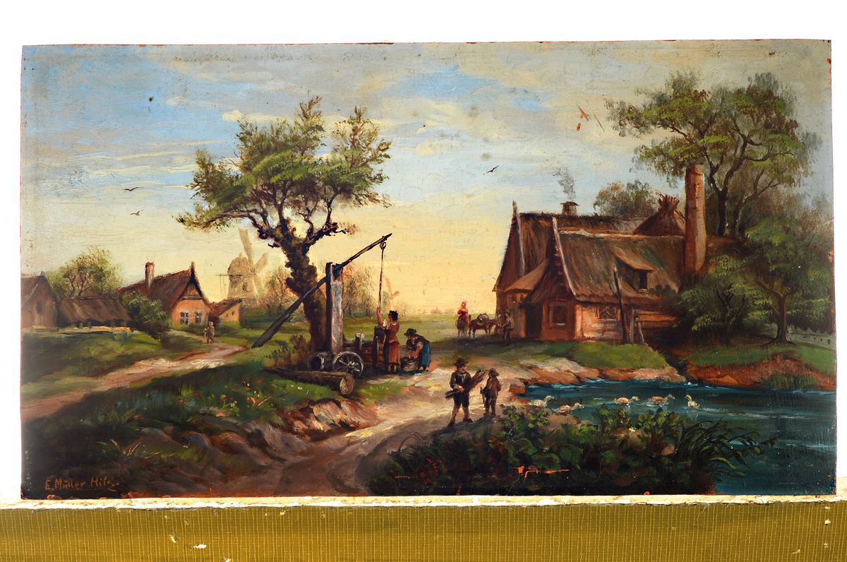 Detail k: E. Müller-Hilz, deutsch, um 1900, Landschaft mit Bauernhäusern, Brunnen und Personen, Öl/Kupferplatte, links unten signiert, ca. 14x25cm