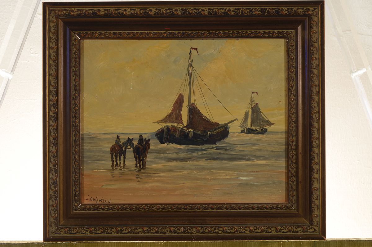 Detail k: Louis van der Pol, 1915 Amsterdam-1986 Abcoude, Reiter und Fischerboote am Strand, Öl/Holz, links unten signiert, ca. 24x30cm, R. ca. 34x40cm