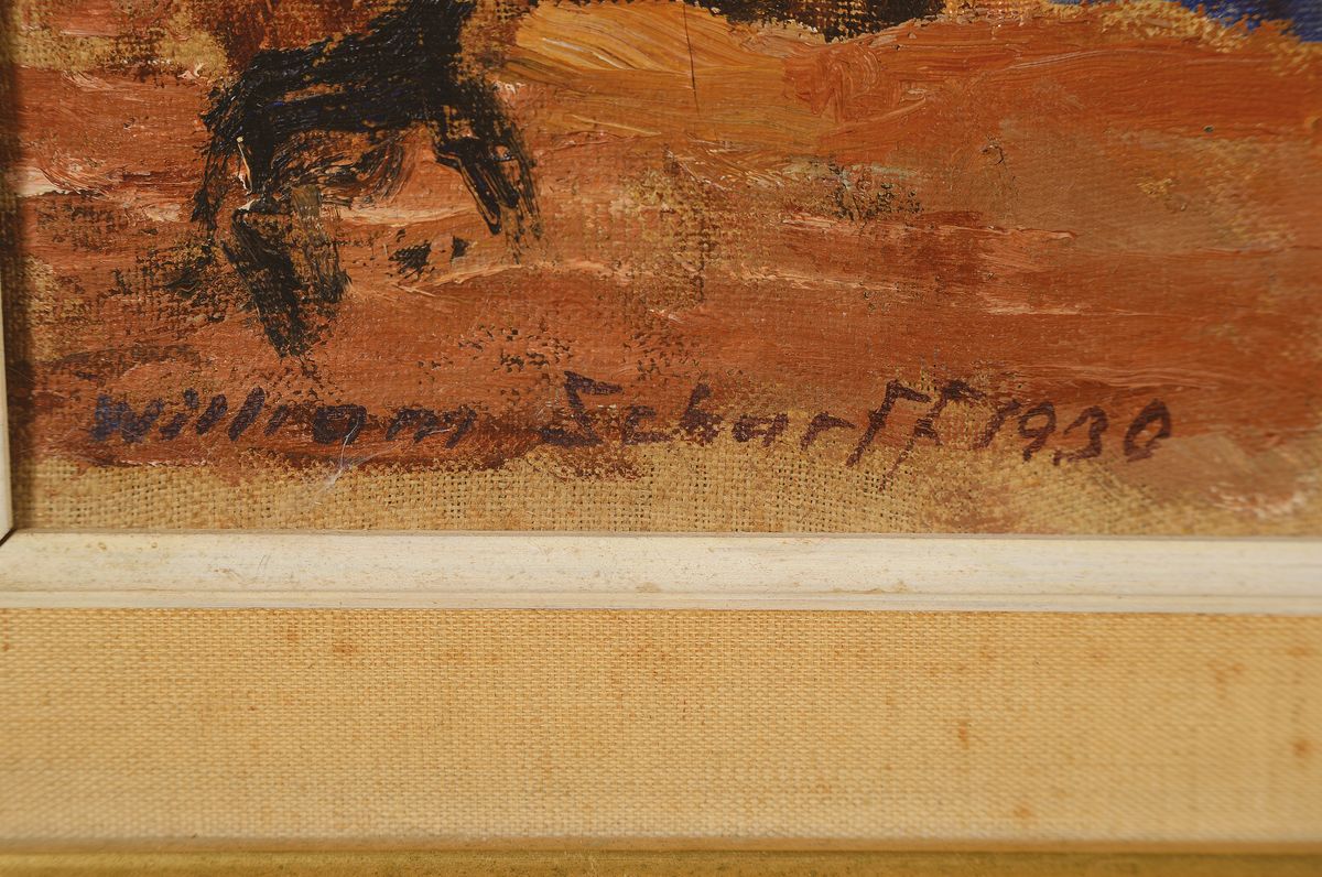 Detail a: William Scharff, 1886-1959 Kopenhagen, Ausbildung an Kristian Zahrtmanns Kunstschule, der Bau von Bjerresjöholm, so verso auf altem Etikett bez., ...
