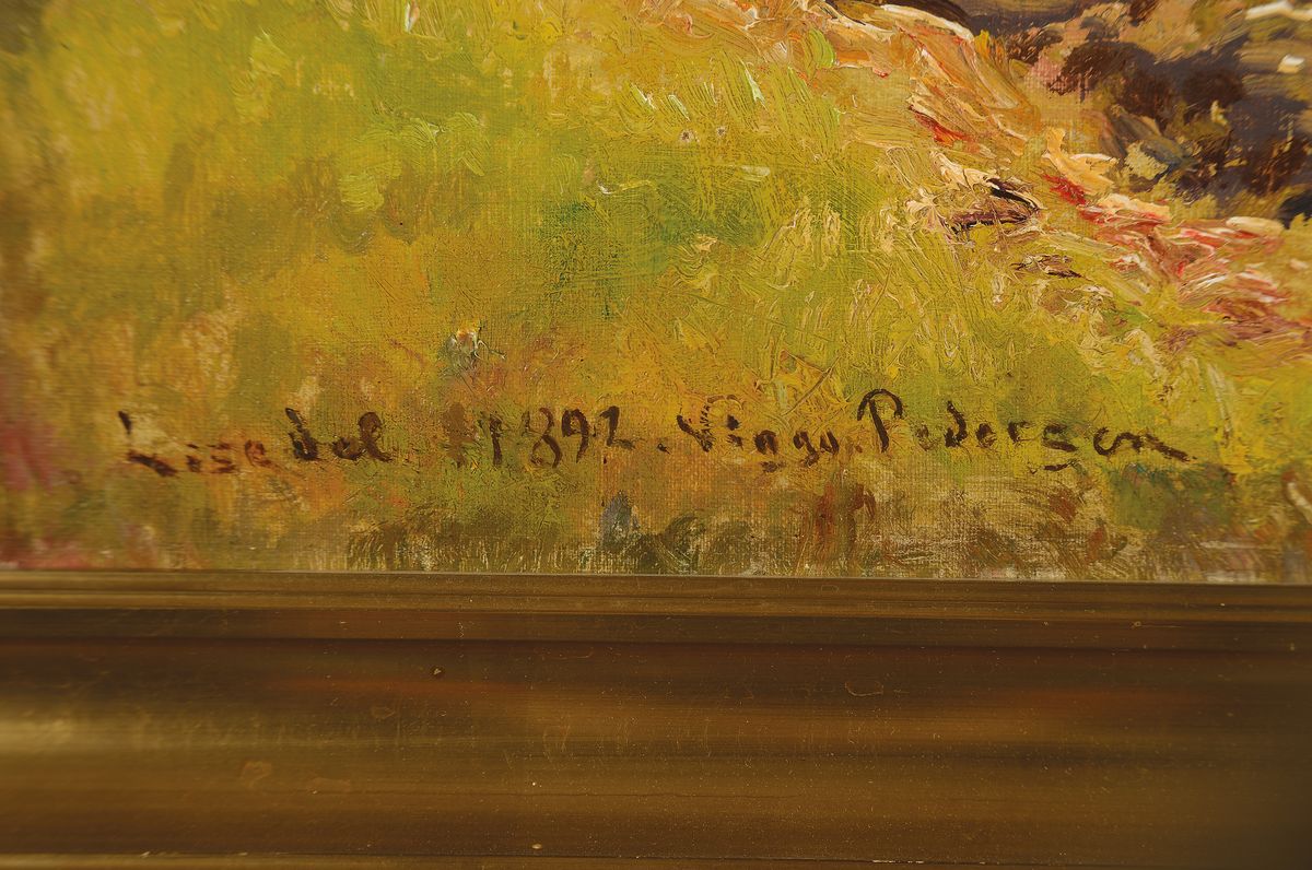 Detail a: Vingu Pedersen o.ä., dänischer Künstler Ende 19.Jh., küstennahe Landschaft, signiert und datiert 1892, Öl/Holz, Rahmen, 64x91 cm