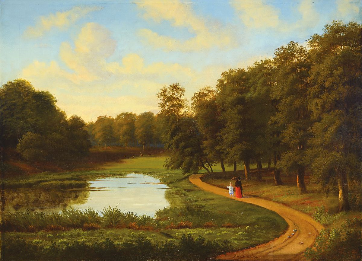 Christian Bernard Severin Berthelsen, 1839 Föhr-1909 Kopenhagen, Parklandschaft mit flanierender Familie, wohl Dyrehavsbakken-Park bei Kopenhagen, ...