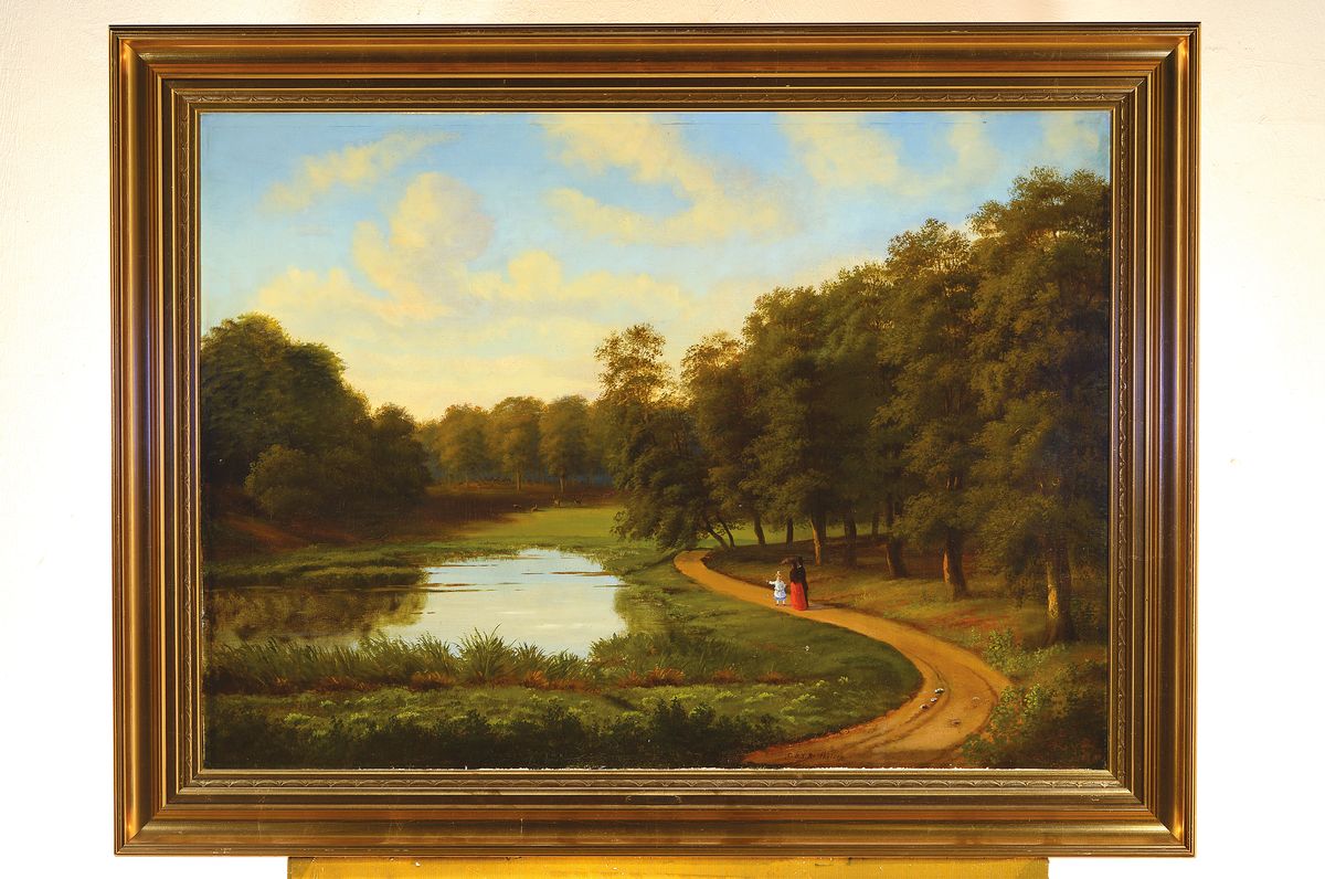 Detail k: Christian Bernard Severin Berthelsen, 1839 Föhr-1909 Kopenhagen, Parklandschaft mit flanierender Familie, wohl Dyrehavsbakken-Park bei Kopenhagen, ...