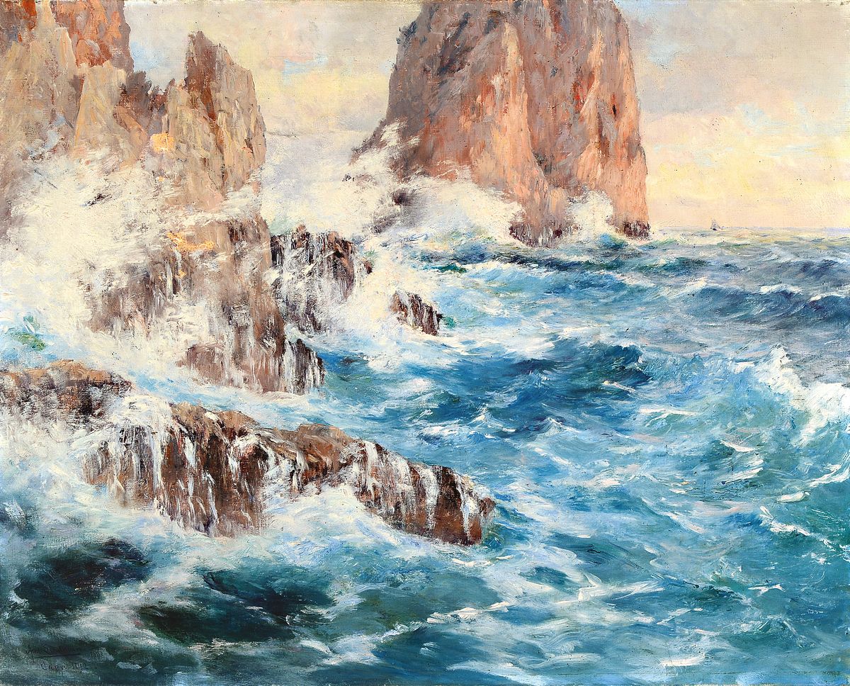 Knut Axel Lindman, 1848 Öregrund - 1930 Oscar Parish/Schweden, Studium an der Konstakademien Stockholm, stürmische Küste vor Capri, links unten ...