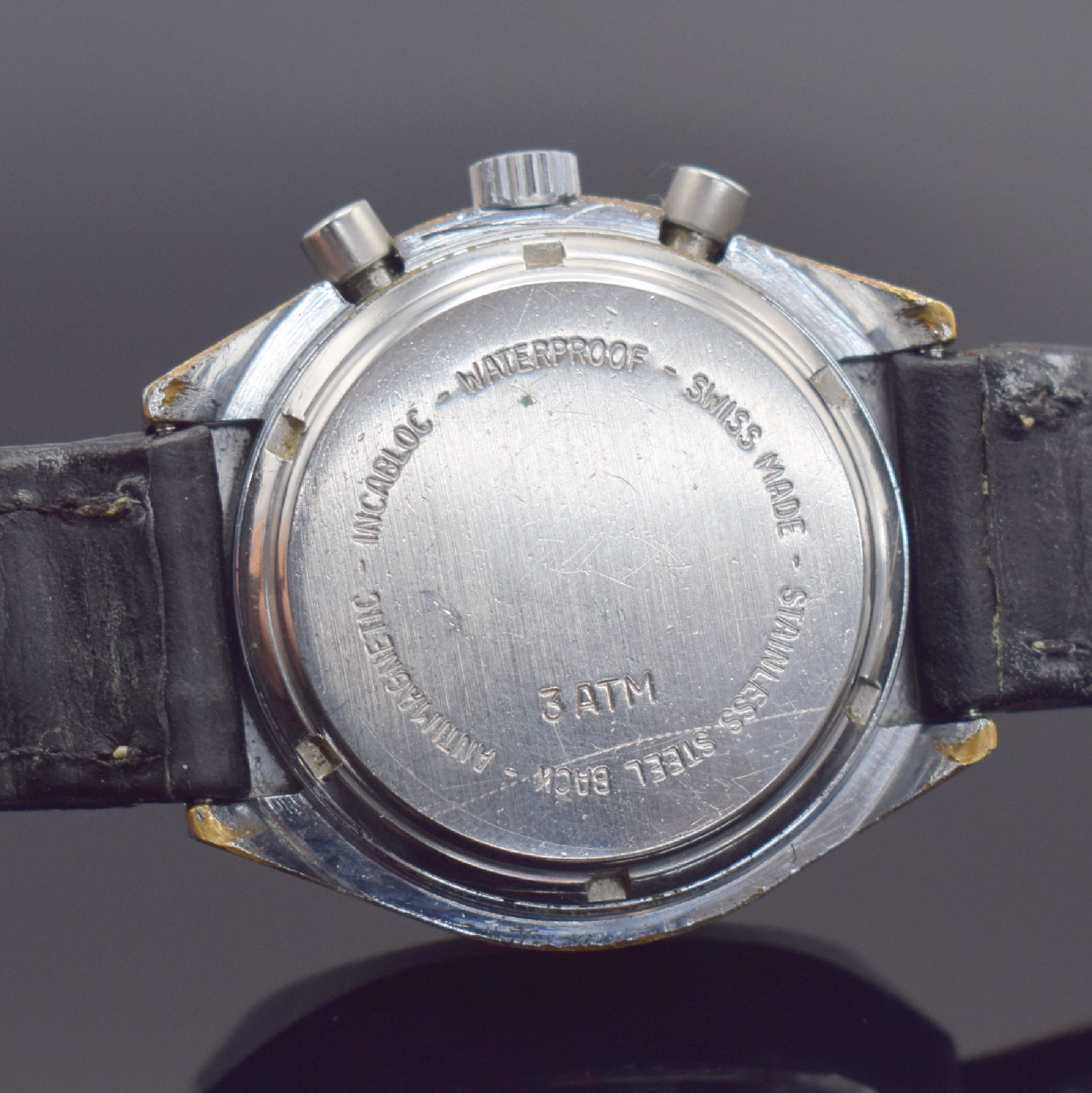 Detail c: MEISTER-ANKER Herrenchronograph mit Kaliber Valjoux 7734, Schweiz um 1970, Handaufzug, verchr. Geh., Stahlboden geschr., schwarzes Zifferbl. m. ...