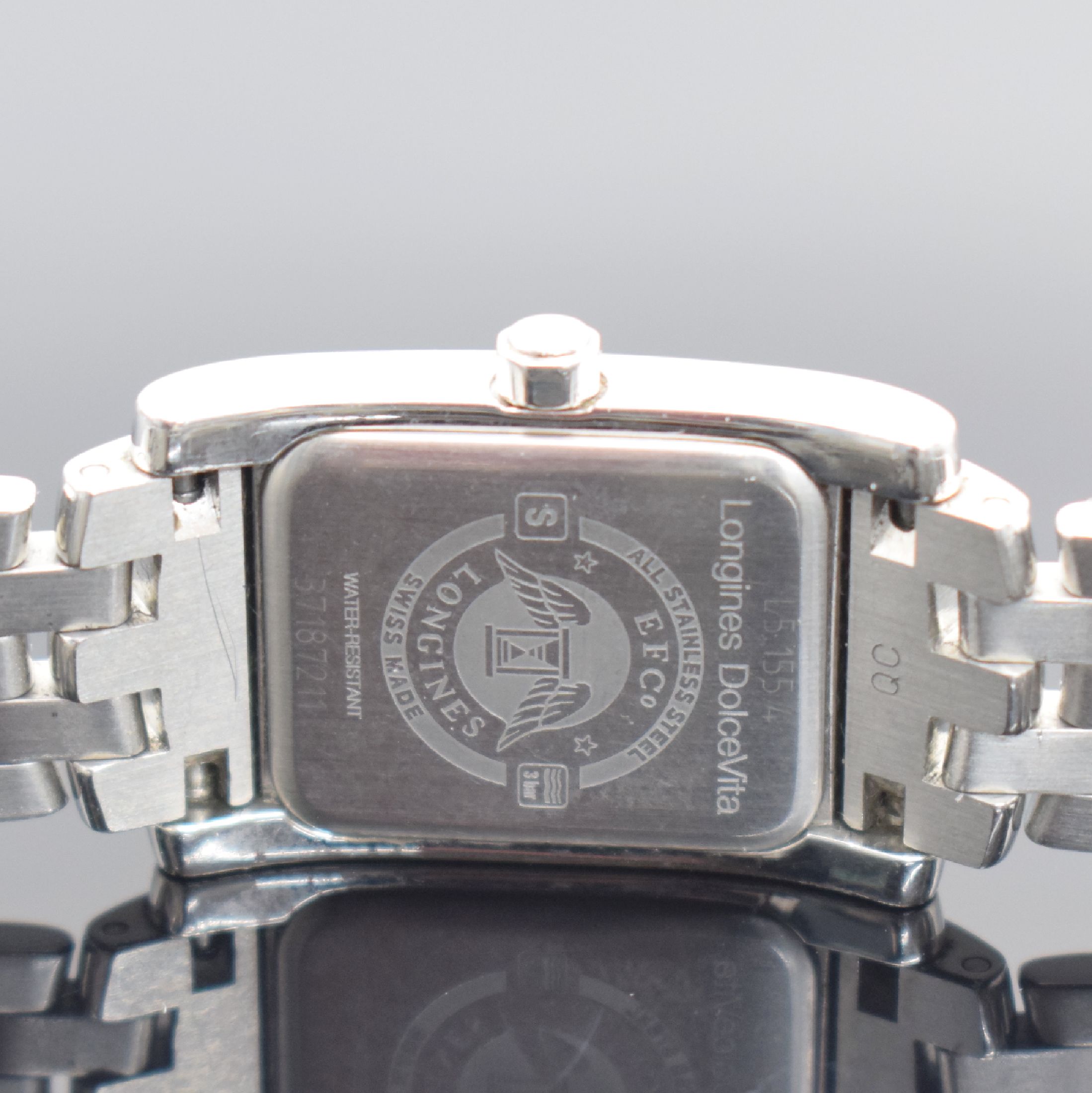 Detail d: LONGINES Damenarmbanduhr DolceVita, Schweiz um 2010, Ref. L5.155.4, quarz, Edelstahlgeh. inkl. Gliederband m. dopp. Faltschließe, Boden aufgedr., ...