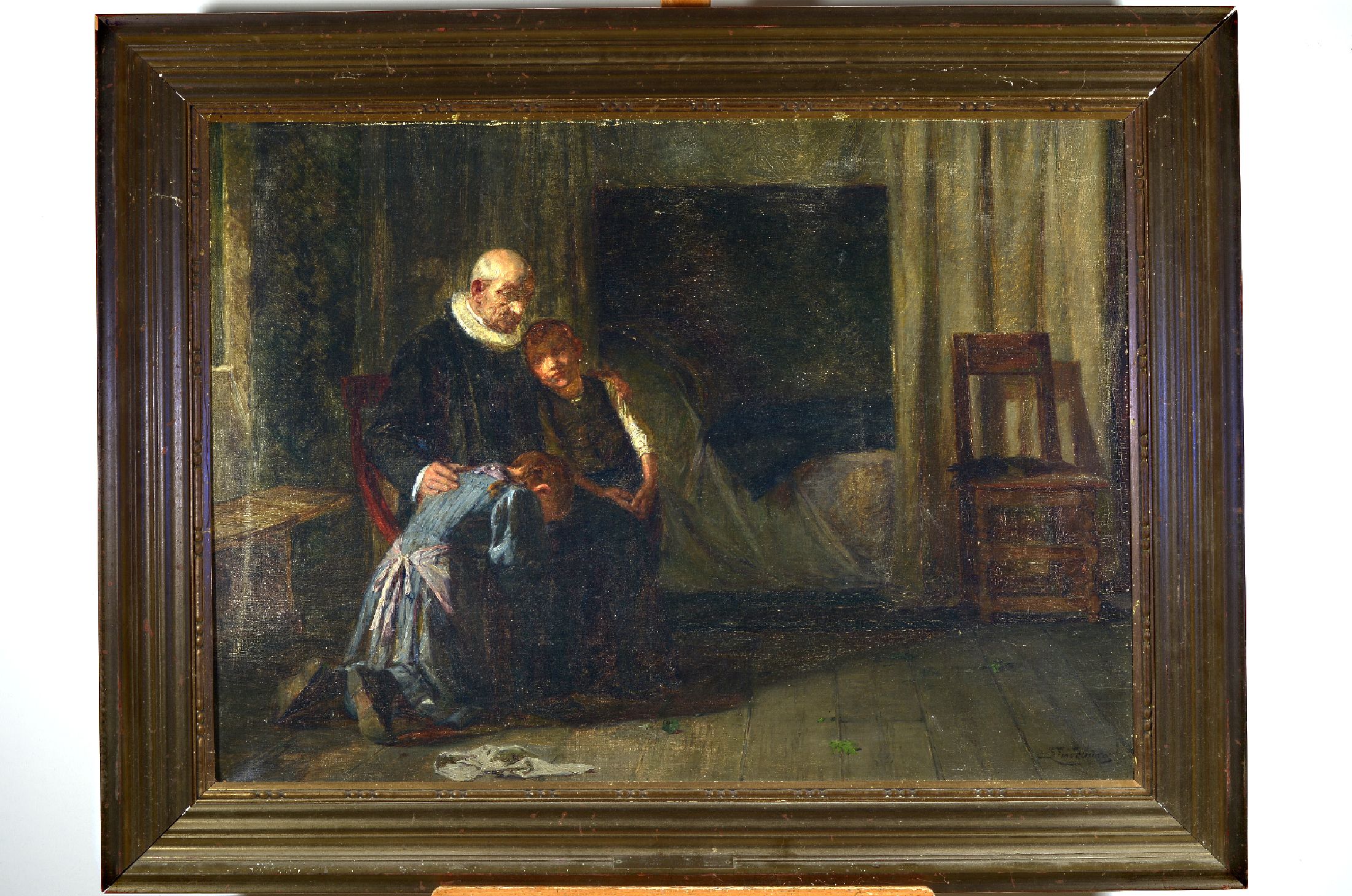 Hans Peter Lindeburg, 1854 Kopenhagen - 1932, Interieur, wohl Witwer am Sterbebett mit seinen zwei trauernden Kindern, rechts unten signiert, ...